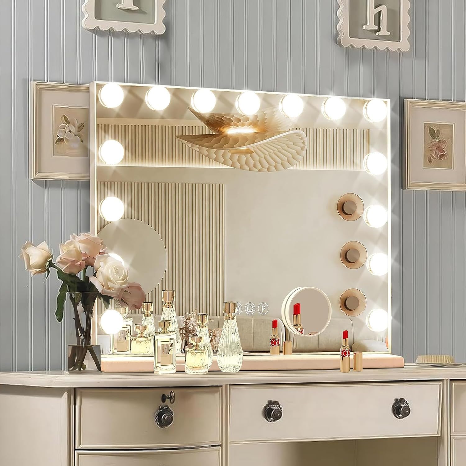 Hollywood Vanity Mirror with Lights, 15 Replaceable Bulbs，3 Color Lights，Make Up Lighted Mirror, Aluminum Metal Frame,USB Charging Port（23" x 18"）