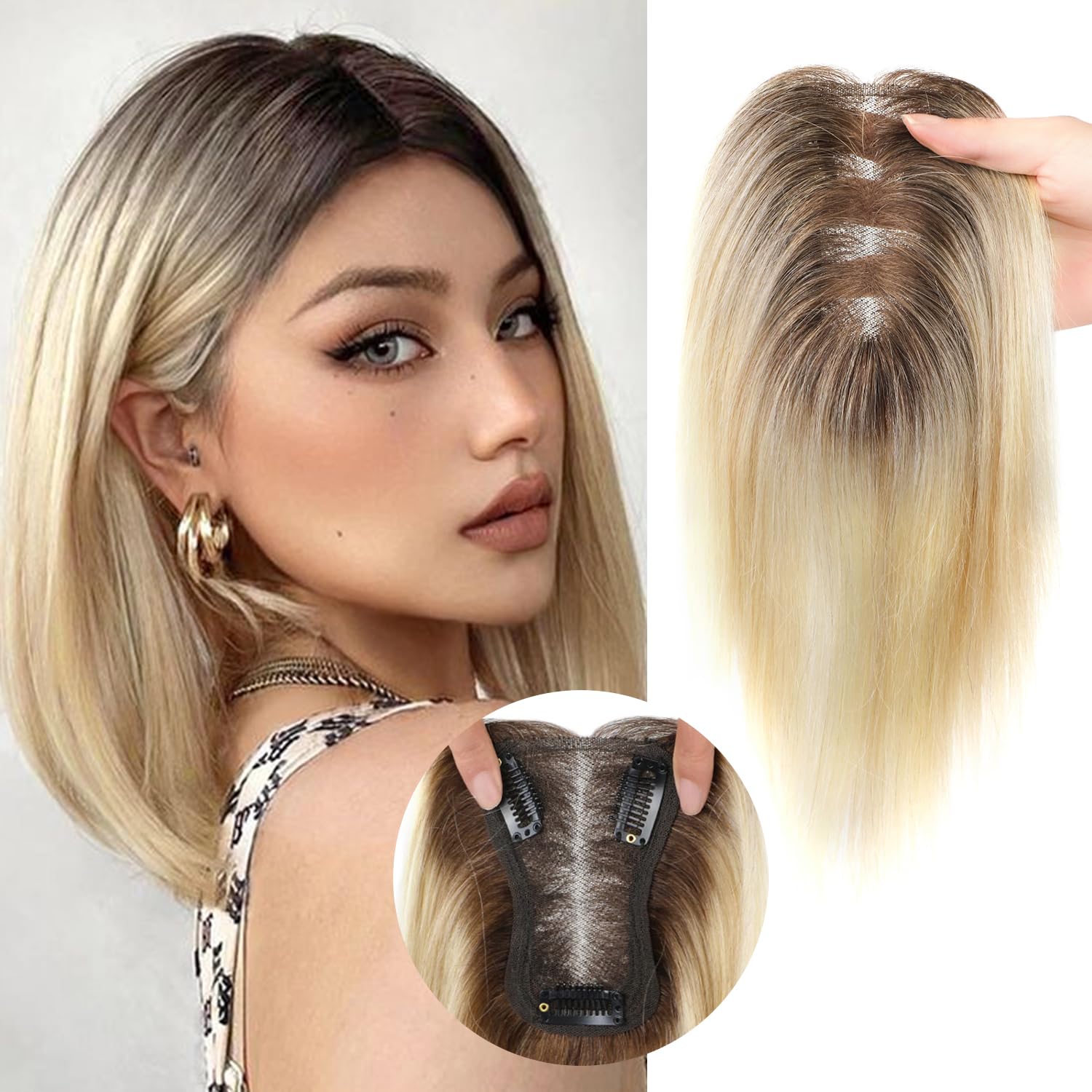 Dark Root Women's Real Human Hair Topper - Blonde, 10 inch, Middle Part, Thinning Hair