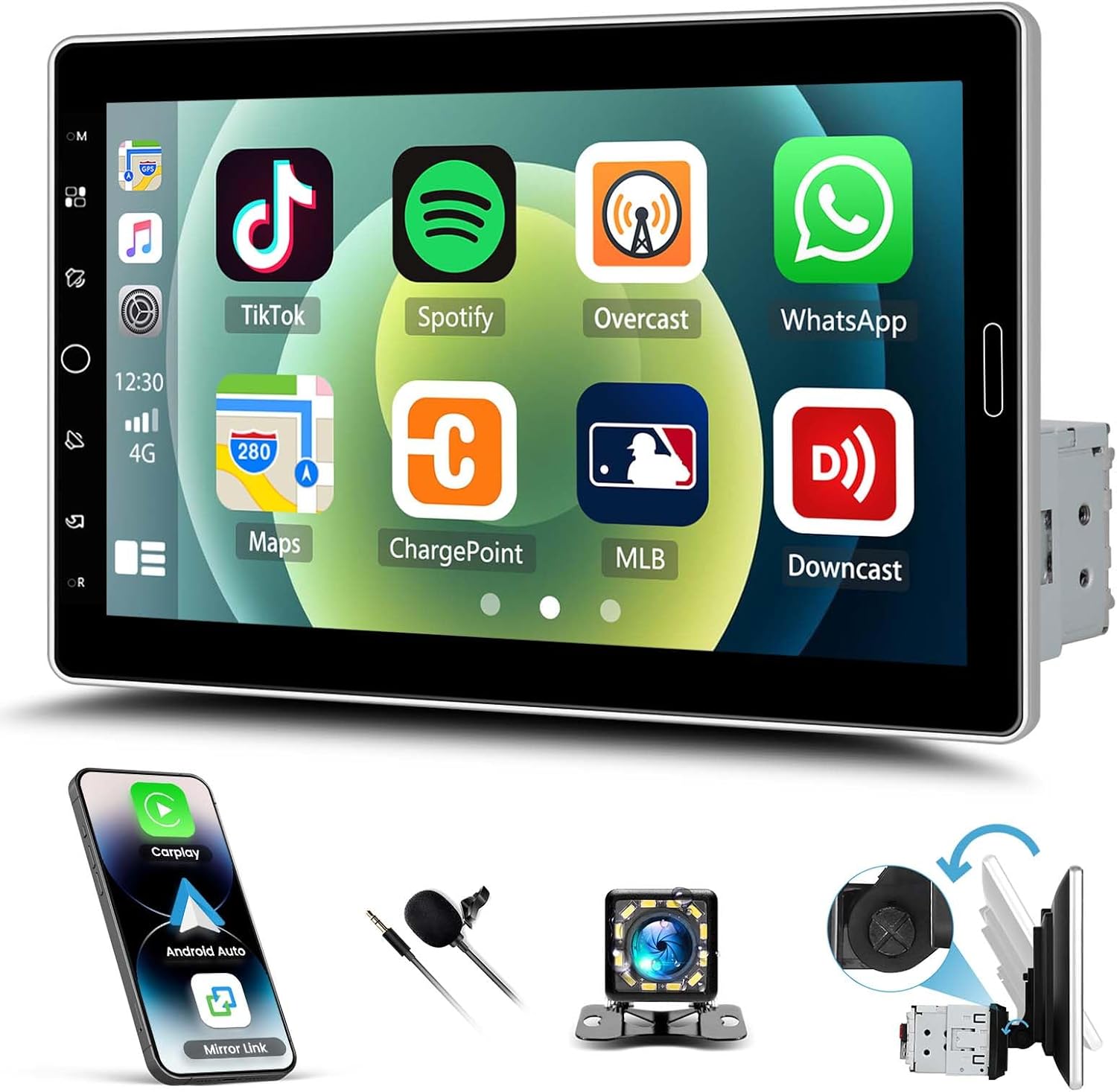 10.1 Inch Car Stereo Single Din Radio with Wireless Carplay & Android Auto,1 Din Bluetooth Car Audio Recivers with iOS/Android Mirror Link FM/AM/RDS Radio/EQ AUX/USB+Backup Camera