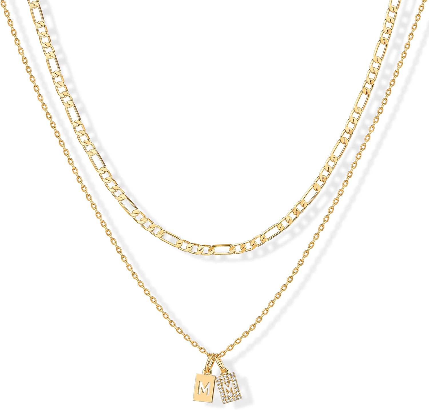 PAVOI 14K Gold Plated Initial Letter Double Dog Tag Pendant Necklace | Dainty Cubic Zirconia Letter Tag Round Box Chain Necklaces for Women