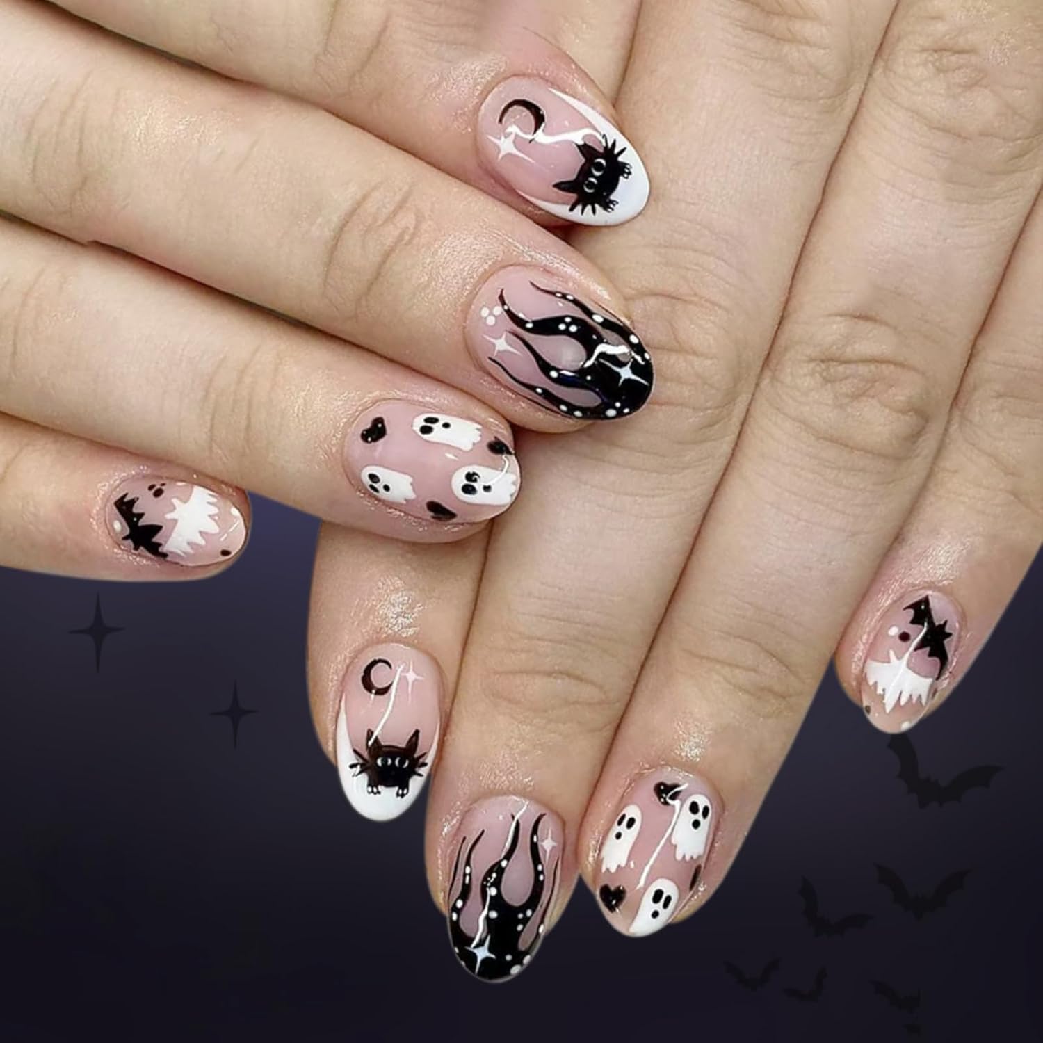 Halloween Press on Nails for Women, 24Pcs False Nails with Ghost Cat Bat Designs, Black White Pink Stick on Nails for Halloween Party Cosplay Decoration
