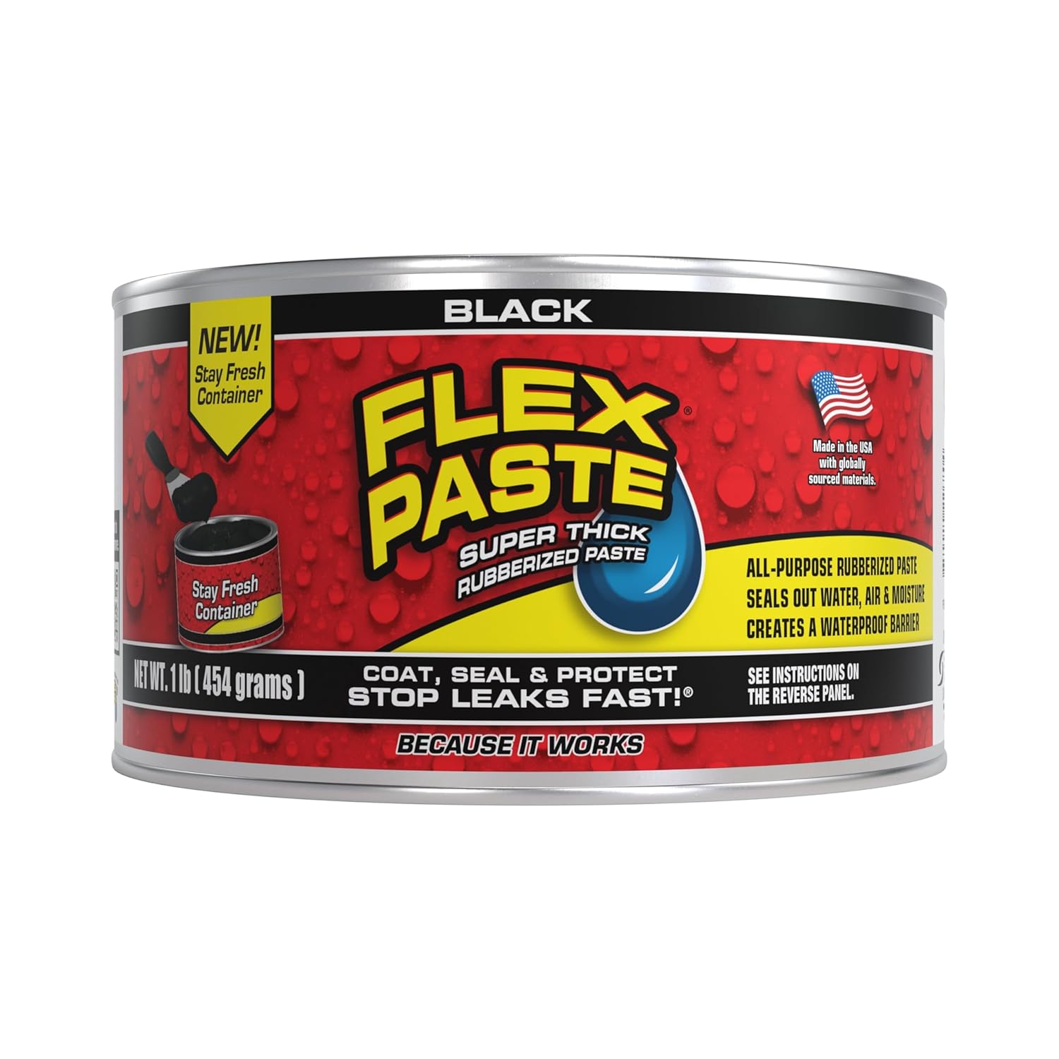 Flex Paste, 1 lb Can, Black, Waterproof Paintable Putty, Spackle Sealant, Fill Gaps Cracks Holes - Block Out Water and Air - UV Resistant - Walls, Drywall, EPDM, Concrete, Roof, RV Repairs