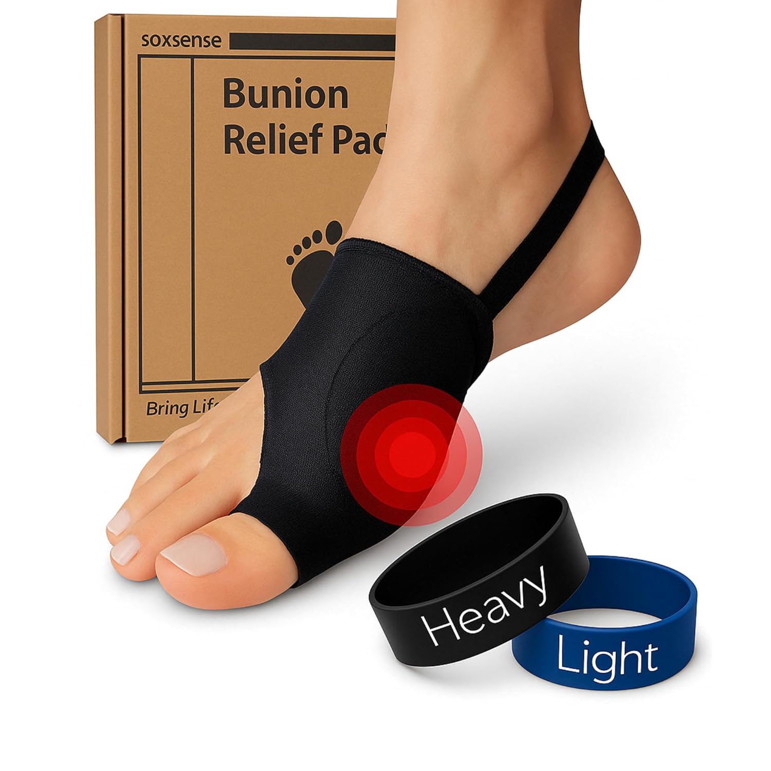 Soxsense Bunion Relief Pads & Toe Exercise Bands (Heavy, Light) Big Toe Straightener-Bunion Splint -Hallux Valgus Pain Relief Compression (Small)
