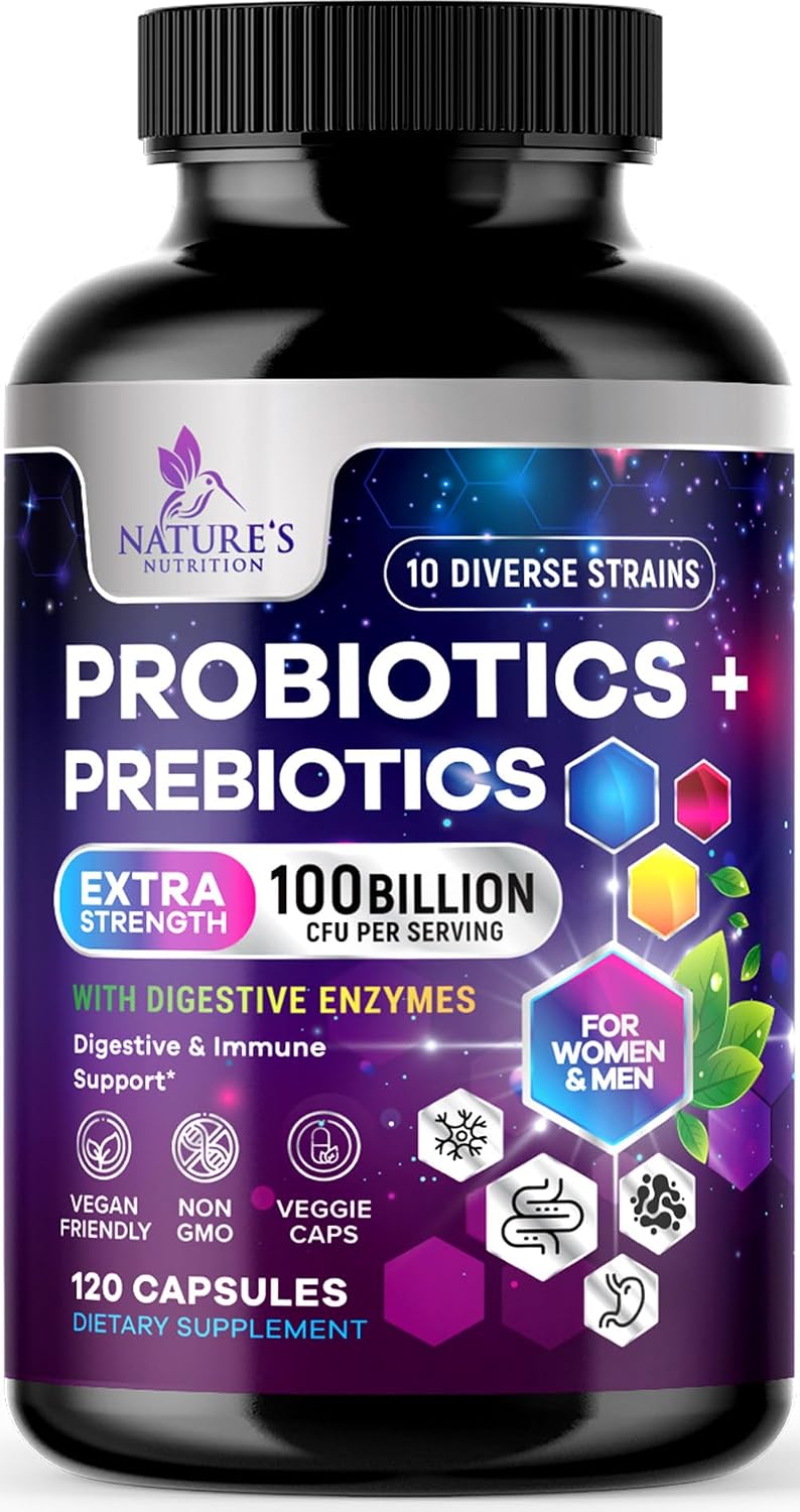 Probiotics 100 Billion CFU - 10 Premium Strains + Prebiotics - Best Daily Probiotic Supplement for Women & Men - For Immune Support, Digestive Health, Occasional Constipation & Gas - 120 Capsules