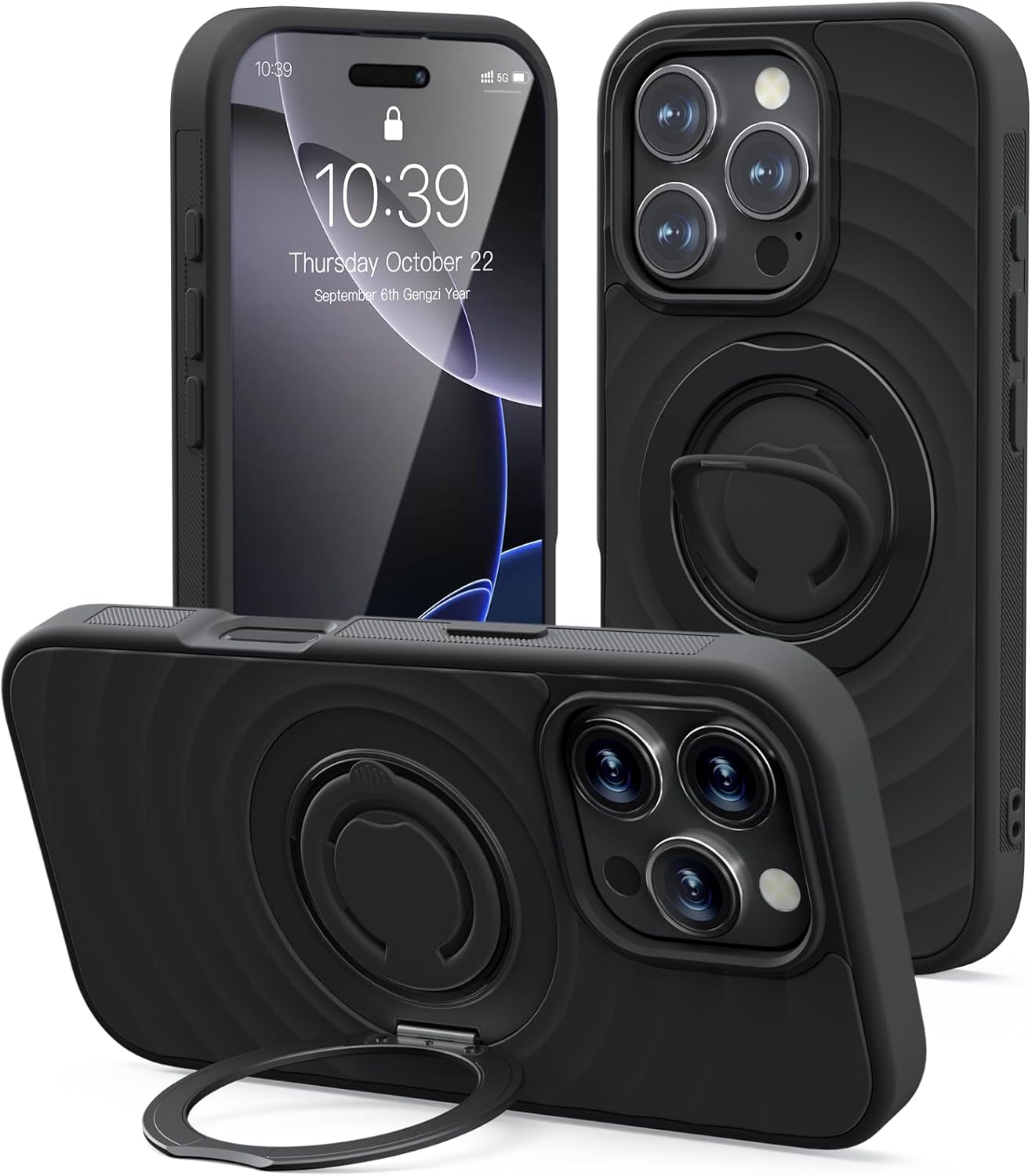 Mowei Compatible with iPhone 16 Pro Case, Magnetic Dual 360° Comfort Ring Grip Holder Stand, Military-Grade Drop Protection with Built in Kickstand, Anti-Slip Edge-Charcoal Black