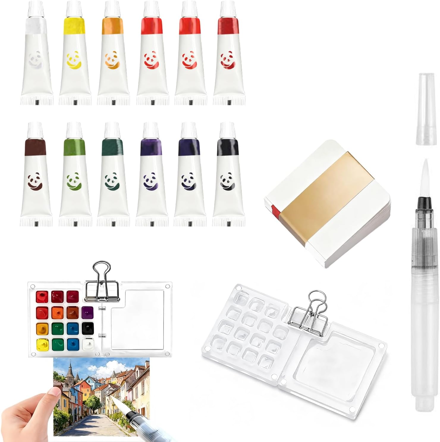 5 Pcs Pocket Artist Watercolour Travel Set, Mini Watercolour Paint Set Travel with 15 Grid Acrylic Palette 12 Watercolor Pigment Water Brush Sketchbook and Metal Clip Portable Painting Kit for Outdoor