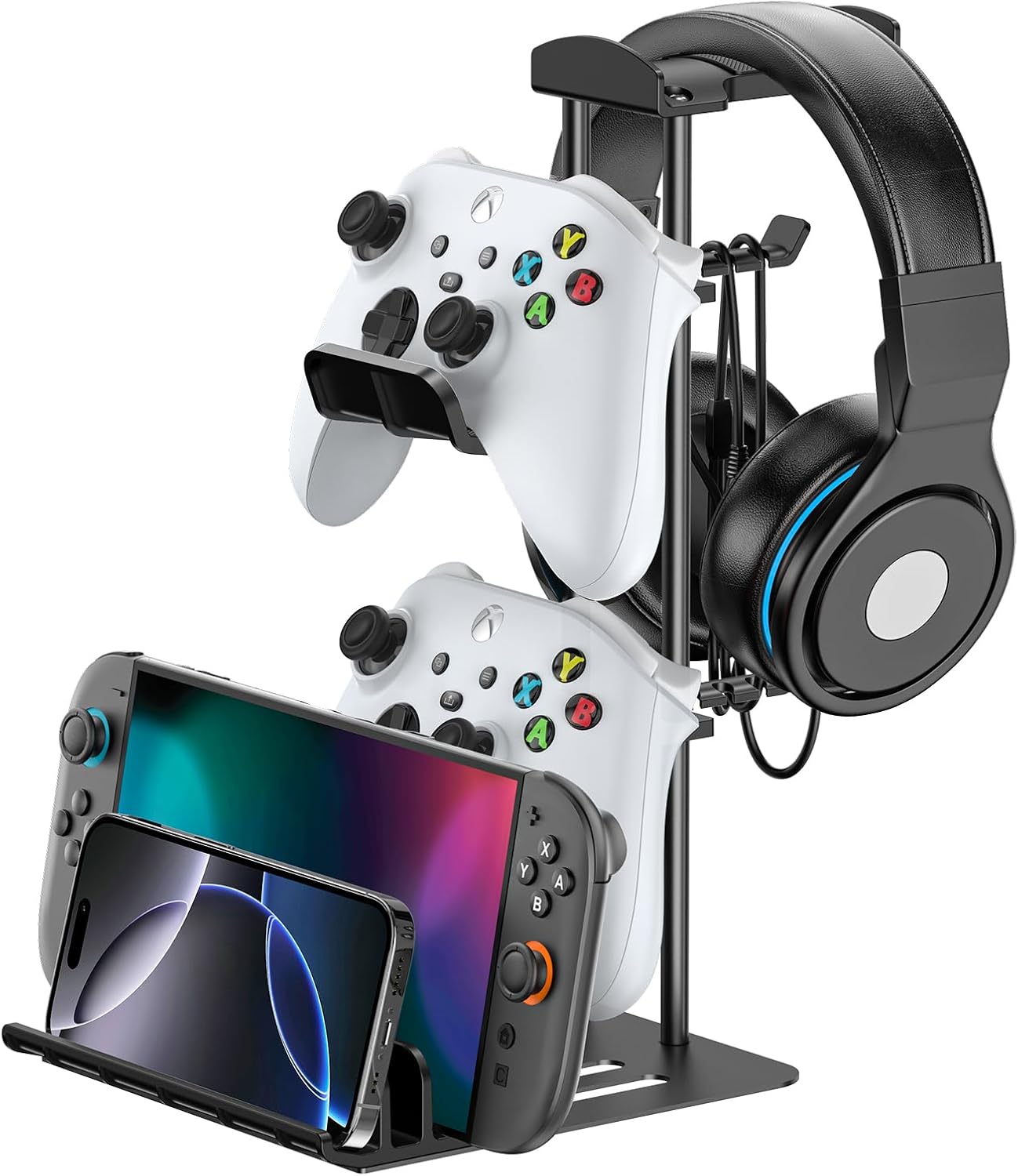 KDD Headphone Stand, Game Controller Holder & Headset Holder for Desk, Earphone Stand with Aluminum Supporting Bar, Universal Storage Organizer for Headphones/Controller/Switch/iPad/Mobile Phone