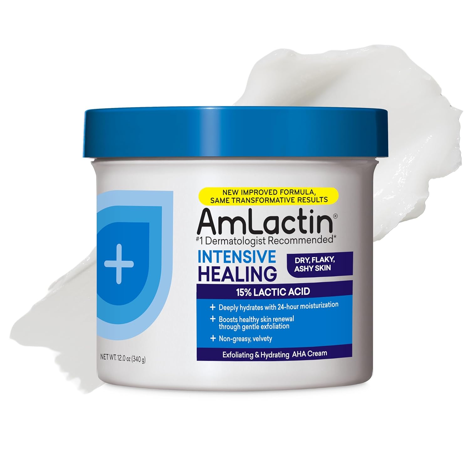 AmLactin Intensive Healing - Therapeutic Body Cream for Extremely Dry Skin - No-Scrub Exfoliator and Moisturizer with 15% Lactic Acid AHA and Ceramides, 12 oz (Packaging May Vary)​