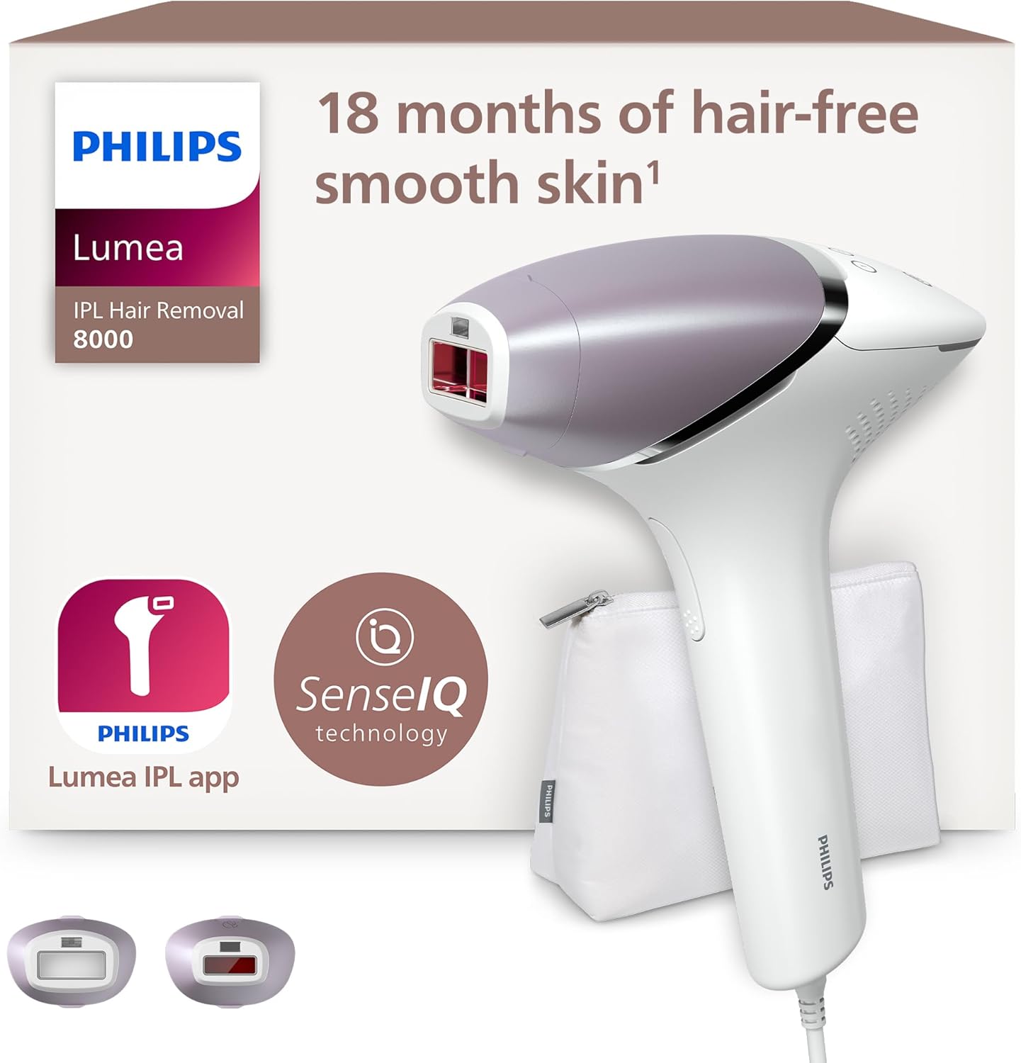 Philips Lumea 8000 Series, IPL Hair Removal Device, Laser Hair Removal Alternative, SenseIQ Technology, 2 Attachments for Body and Face, Model BRI944/00