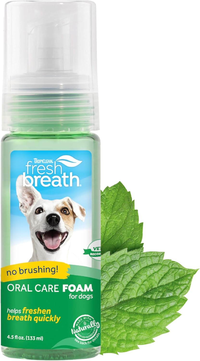TropiClean Fresh Breath Dog Teeth Cleaning Foam - Dental Care Solution - Breath Freshener Oral Care - Foam for Bad, Smelly Dog Breath - Derived from Natural Ingredients, Mint, 4.5oz