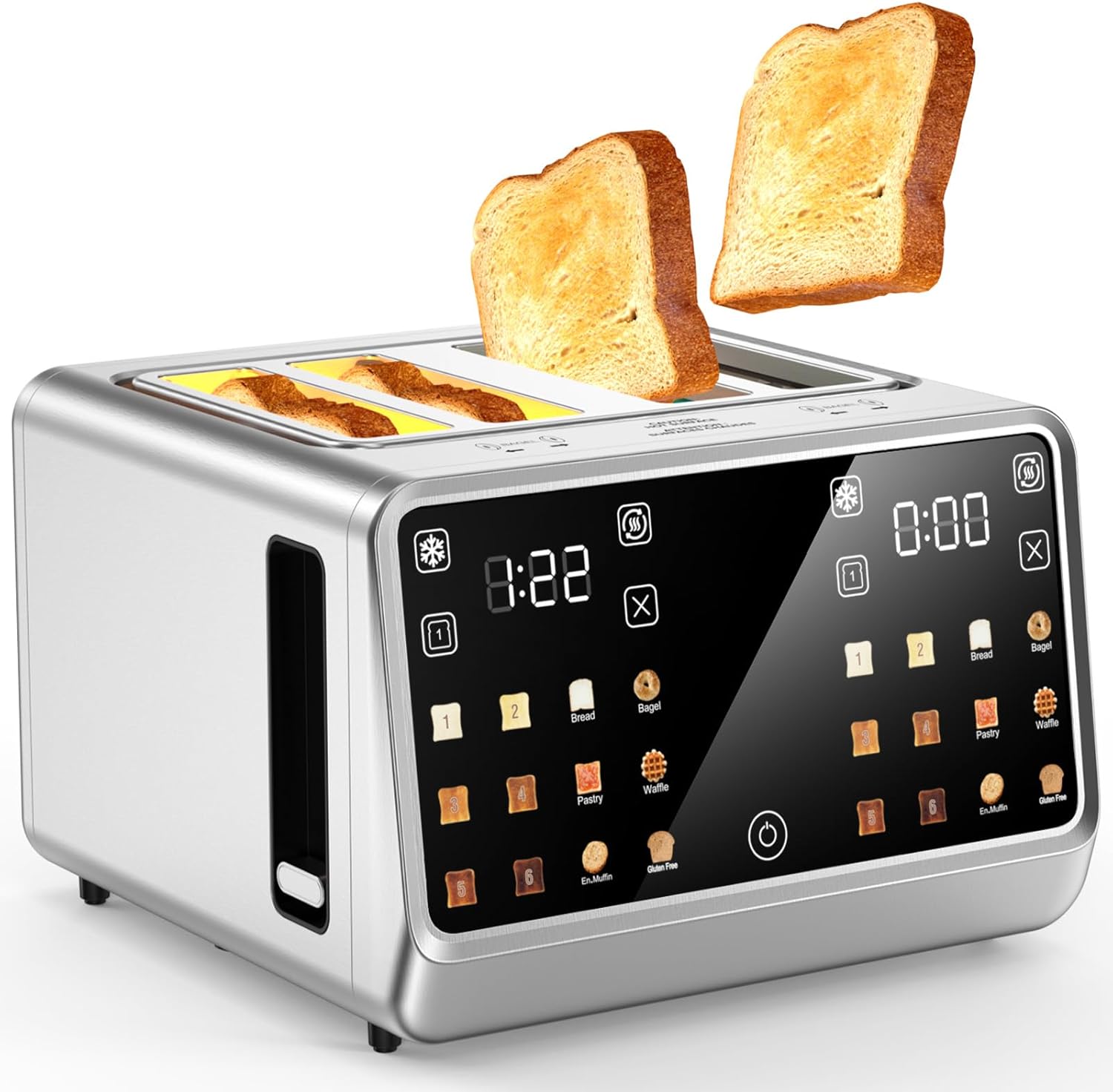 4 Slice Toaster Wide Slot– Dual Digital TouchScreen & Independent Control Panel | Single Slot Toasting, Timer/Reheat/Defrost, 1800W Stainless Steel Toaster for Bagels | 6 Toast Types & Shade Settings