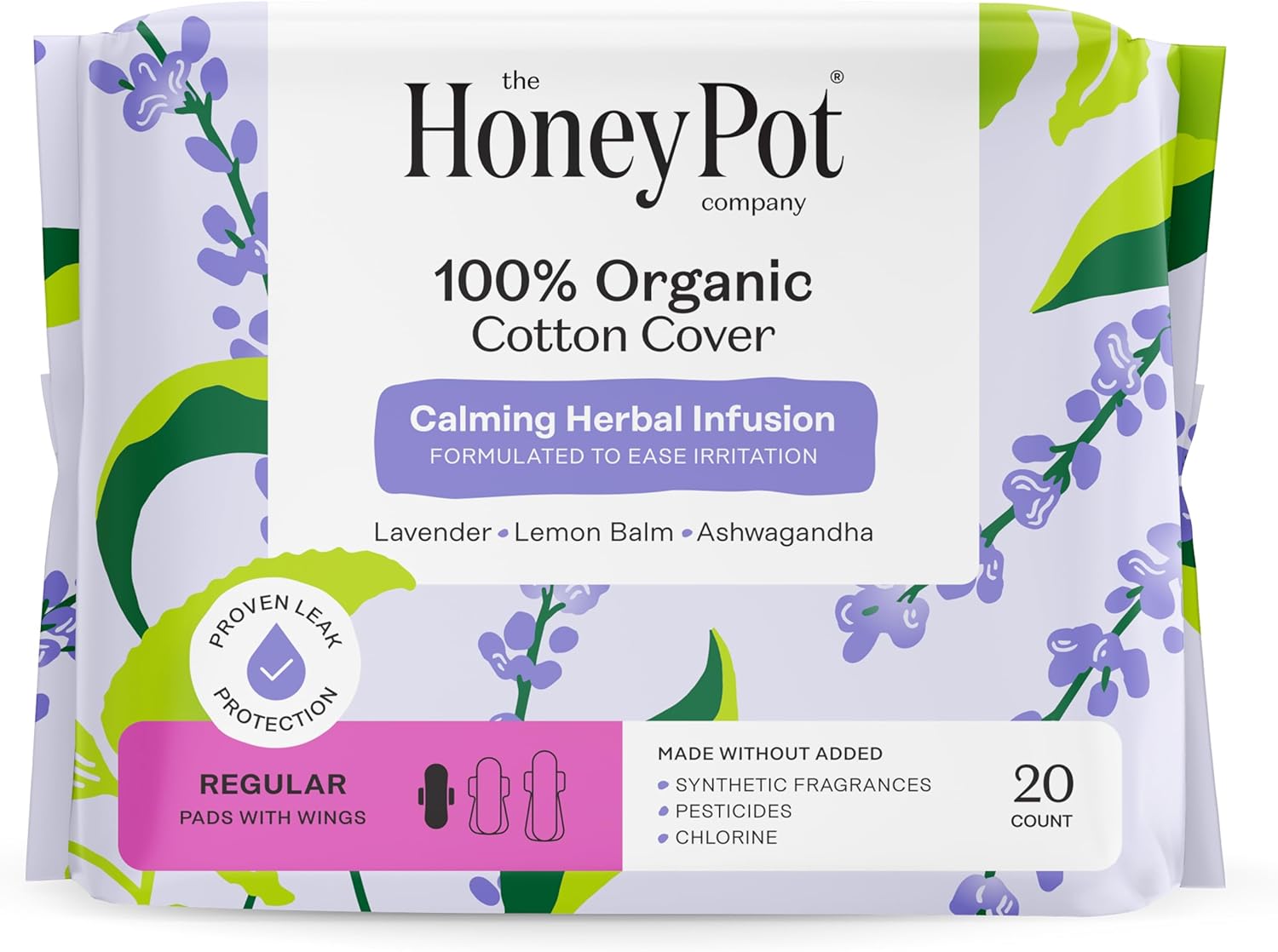 Honey Pot 100% Organic Cotton Cover Calming Herbal Infusion Regular Pads, 20 Count