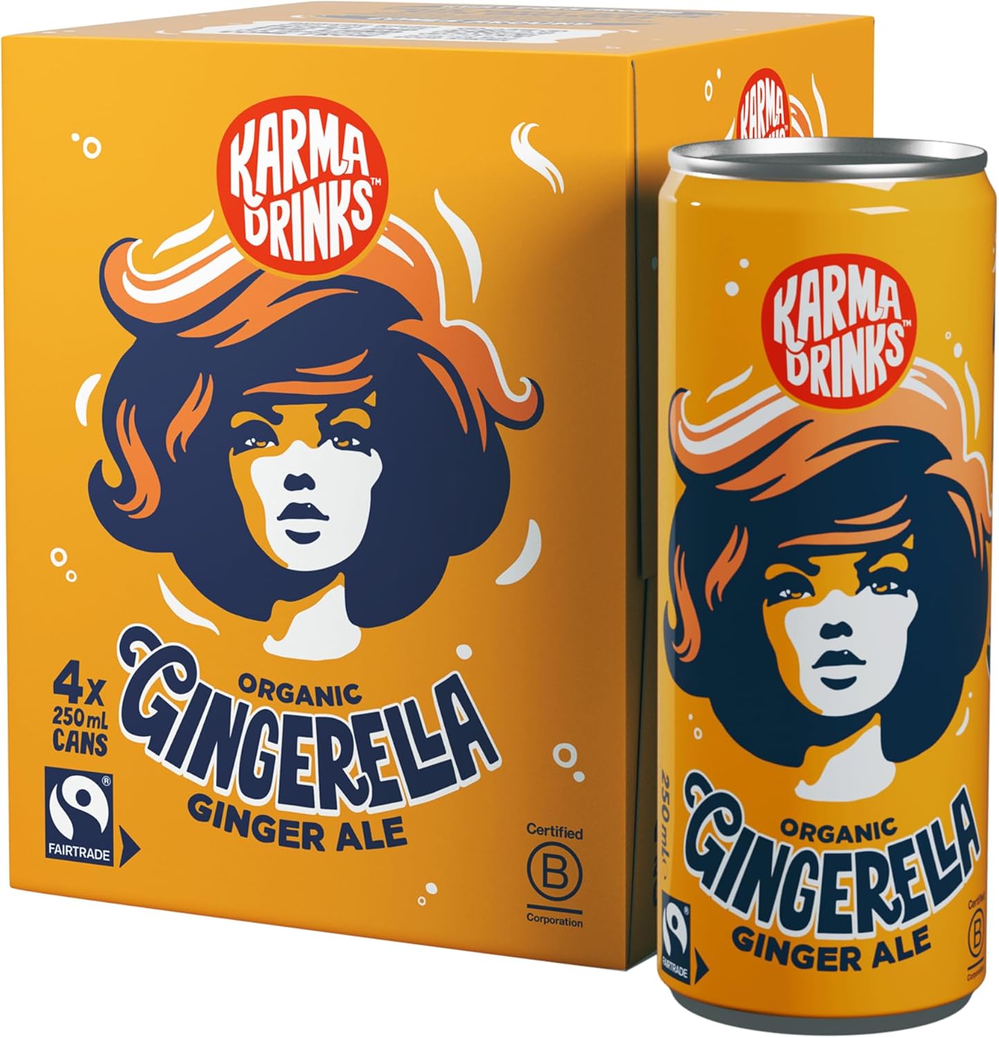 KARMA DRINKS Gingerella Ginger Ale (250 ml x 4 Cans Soft Drink), Organic, Gluten Free Organic Cola, Natural Ingredients, FairTrade, Vegan Friendly, No GMO, Carbonated Fizzy Drinks 4 Pack