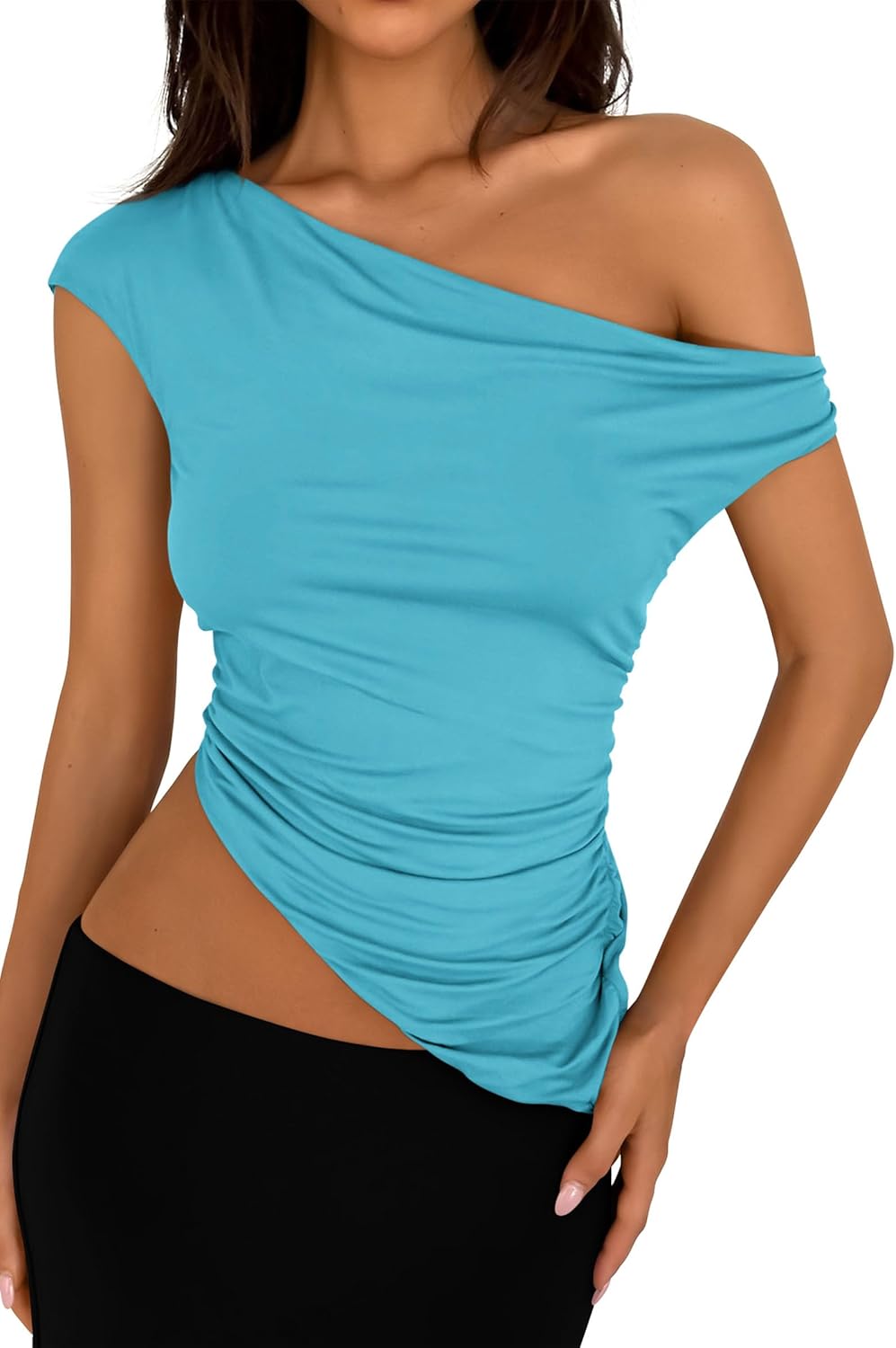 PRETTYGARDEN Womens 2025 Summer Off The Shoulder Crop Tops Sleeveless One Shoulder Ruched Asymmetrical Y2K Going Out Tank Top