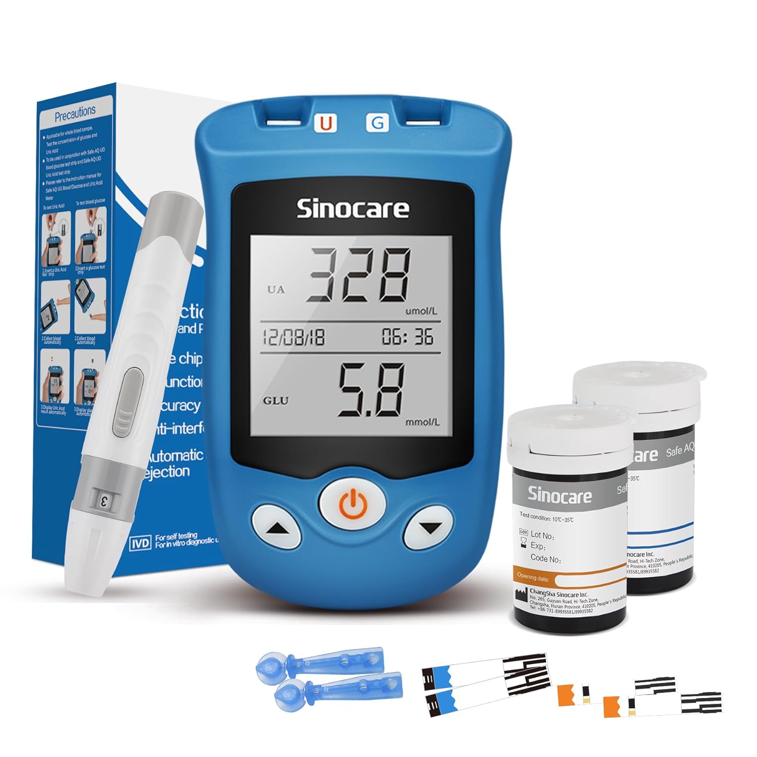 sinocare Uric Acid & Blood Sugar Monitor, 2 in 1 Meter, Uric Acid Testing & Blood Glucose Test Kit, 25pcs Uric Acid Test Strips + 25pcs Blood Suar Test Strips & 50pcs Lans., for Home Use UK