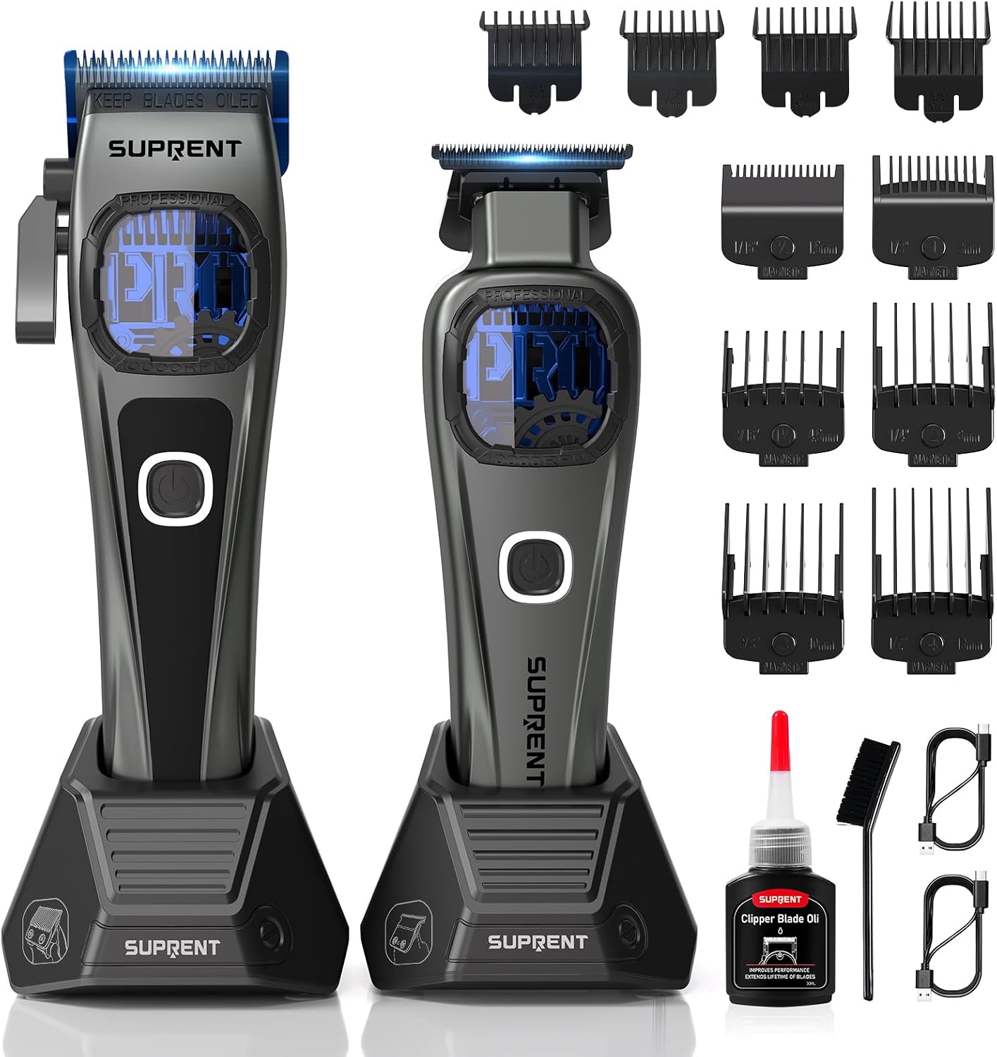 SUPRENT Professional Hair Clippers for Men - Barber Clippers & Zero-gapped Trimmer Combo with Charging Stand, 10000 RPM Motor Speed, Blue Titanium-Coated Blades