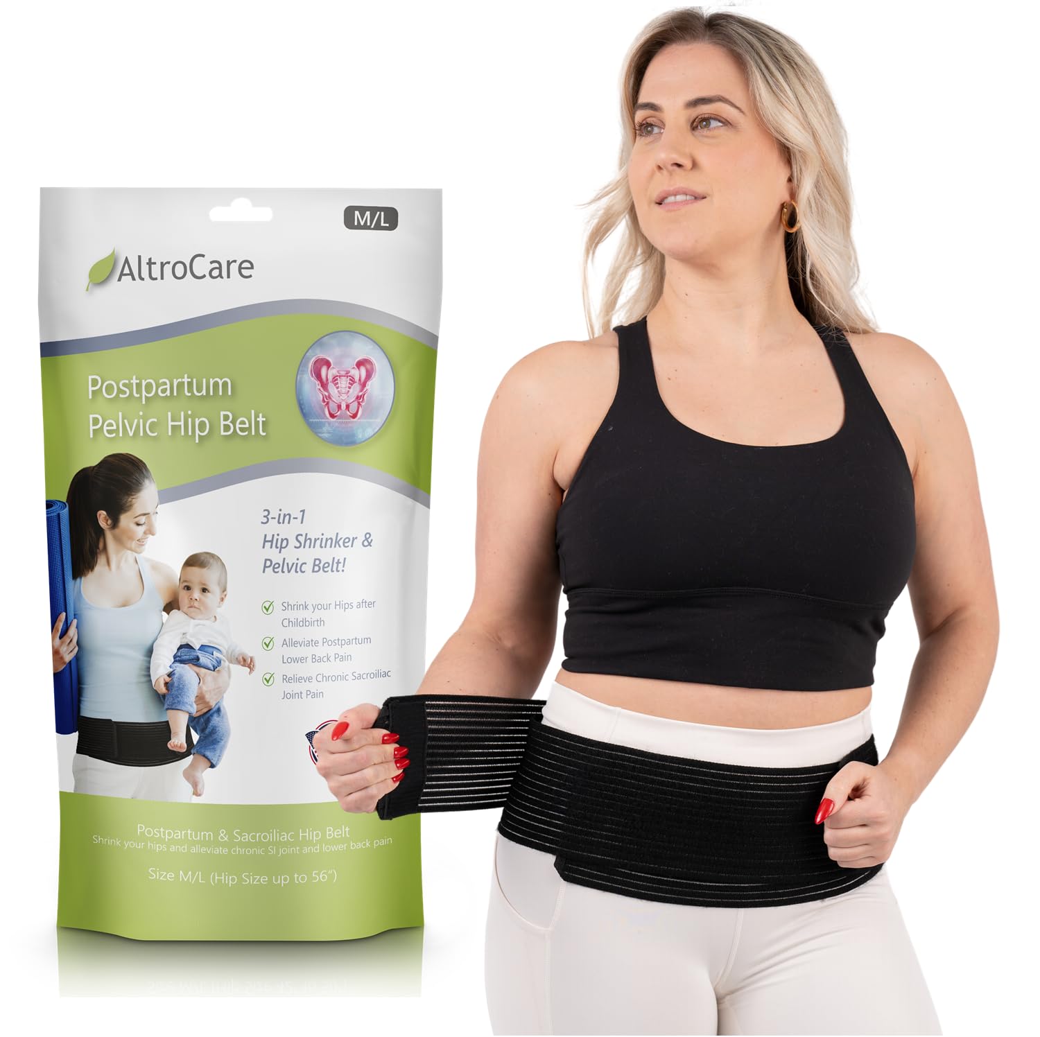 3-in-1 Sacroiliac Pelvis Belt, Postpartum Back Support & Hip Shrinker (Black, One Size: S/M/L). Made in USA.