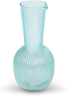 elle decor Ribbed Glass Carafe | Water Jug for Iced Tea, Wine Decanters, Mixed Drinks, and Beverages | Glass Carafe for Mimosa Bar | 40-Oz Sangria Pitchers for Party | 4.72"D X 9.84"H (Blue)