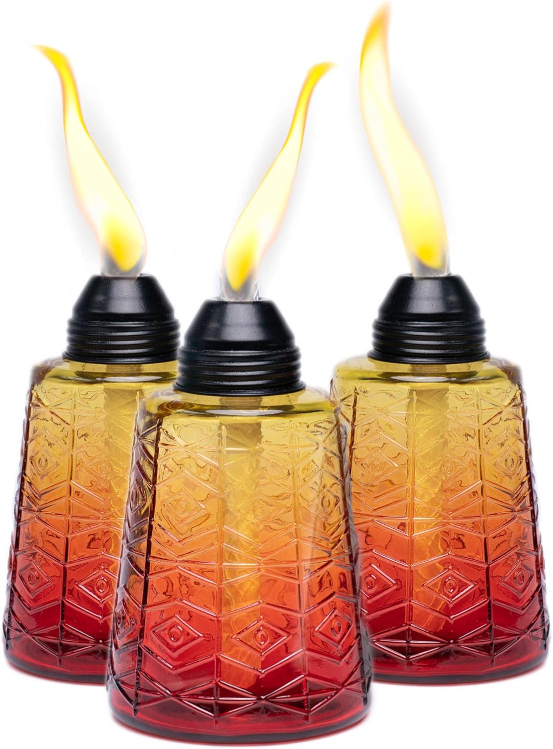 Stylish Glass Torches for Your Table or Patio with Many Colors to Choose from. Set of 3 Torches. (Crimson Sunset)