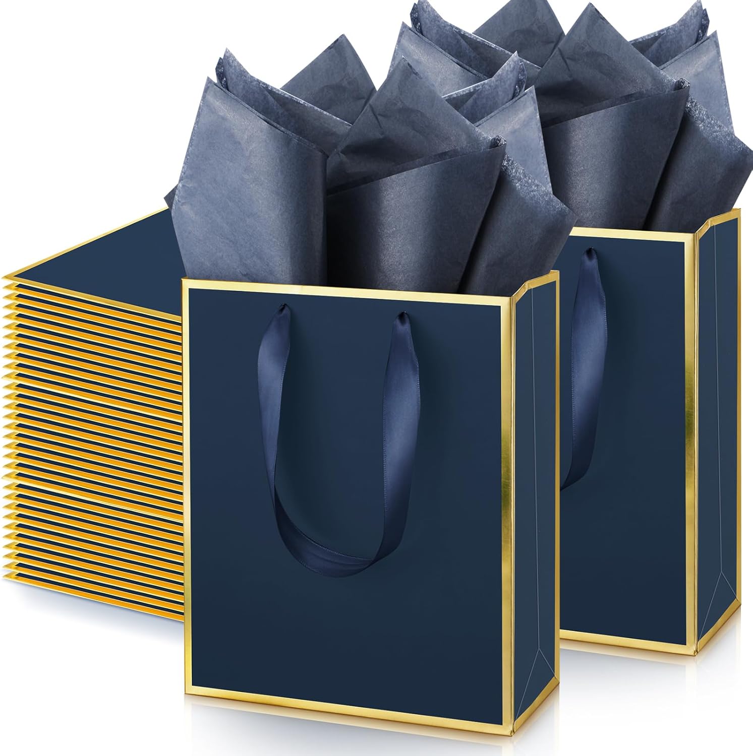 Yeaqee 50 Pack Metallic Gift Bags with Handle and Tissue Paper for Wedding Bridesmaid Groomsmen Baby Shower Holiday Thank You 5 Senses Gift Bag for Her Him Birthday 9 x 7 x 3. 15''(Navy Blue and Gold)