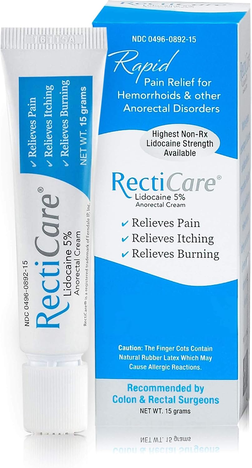 RectiCare Anorectal Lidocaine 5% Cream: Maximum Strength Topical Numbing Cream - Treatment for Hemorrhoids & Other Anorectal Disorders - 15g Tube