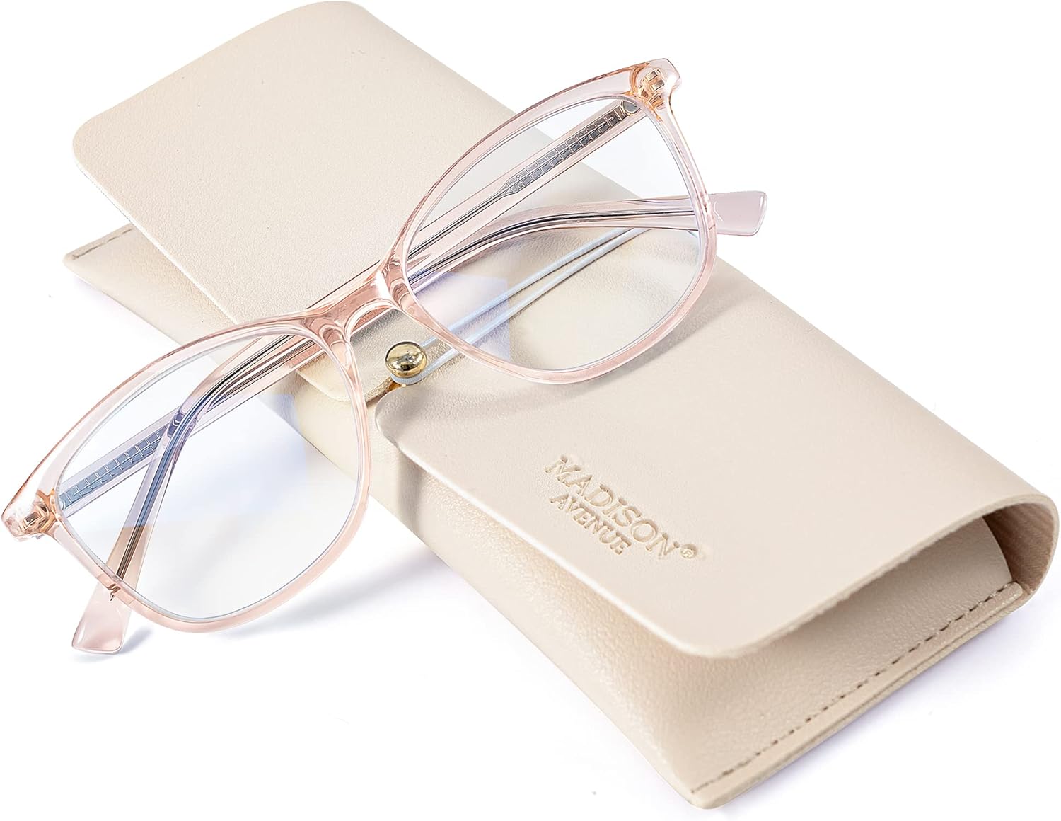 Madison Avenue Square Vintage TR90 Blue Light Blocking Reading Glasses for Women with Case, Anti Glare/Eyestrain Computer Readers Transparent Brown 1.5