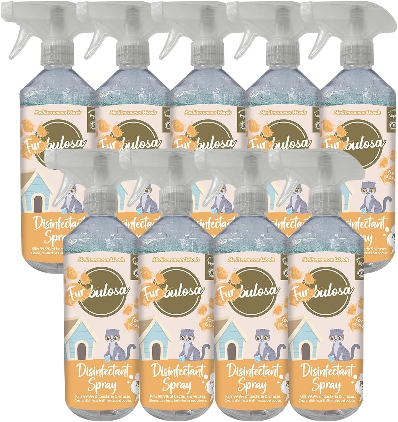 Fabulosa Furbulosa Multi Purpose, Pet Disinfectant Antibacterial Spray and Deodoriser Liquid, All Purpose Multi Surface Cleaner, 500ml, 9 Pack, Mediterranean Woods
