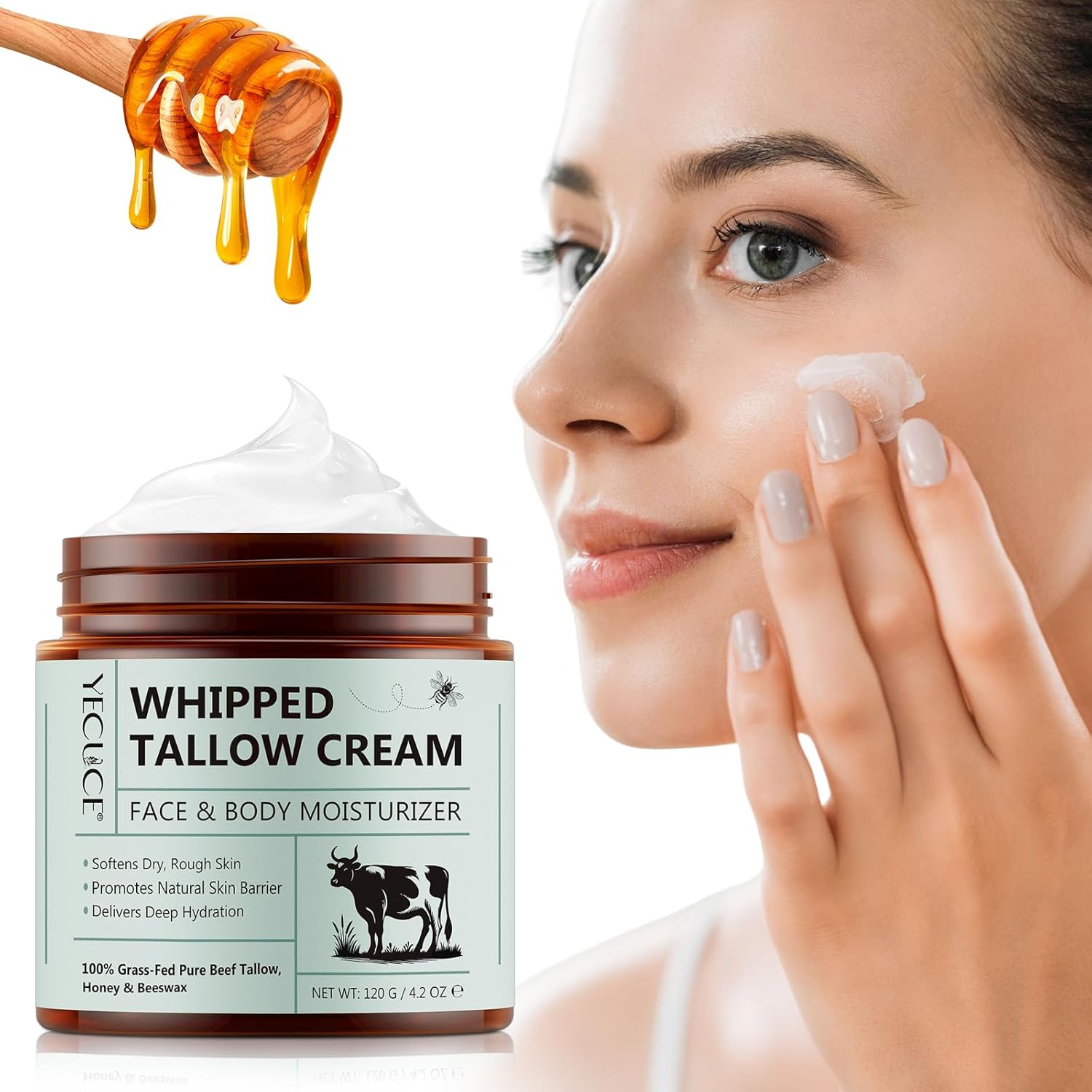 Whipped Beef Tallow Skin Care, Grass-Fed Beef Tallow and Honey Balm, Deep Hydrating Tallow Face Cream, Natural Tallow Face Moisturizer, Tallow Balm Deeply Moisturizing for Face & Body 120g