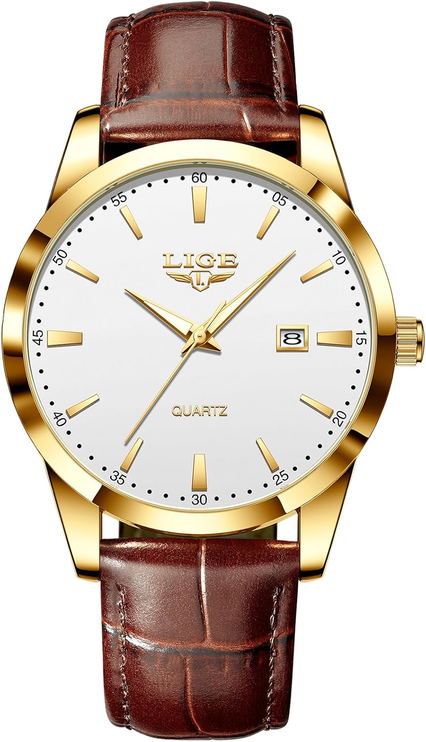 LIGE Mens Watches Waterproof Analogue Gents Vintage Quartz Business Brown Leather Wrist Watch for Men with Date - Suitable as a Gift for Men