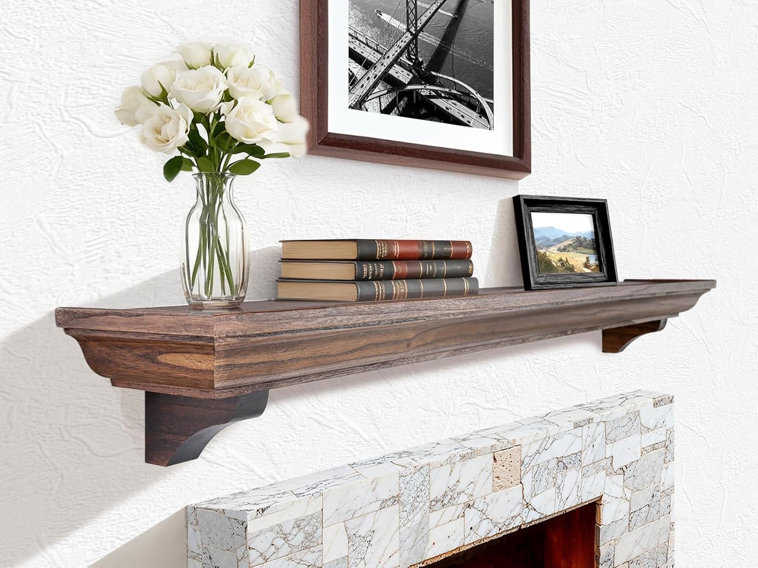 54 Inch Fireplace Mantel Shelf with Corbels, Rustic Floating Shelf for Wall, Wooden Fireplace Mantle for TV Mounting & Living Room, Brown
