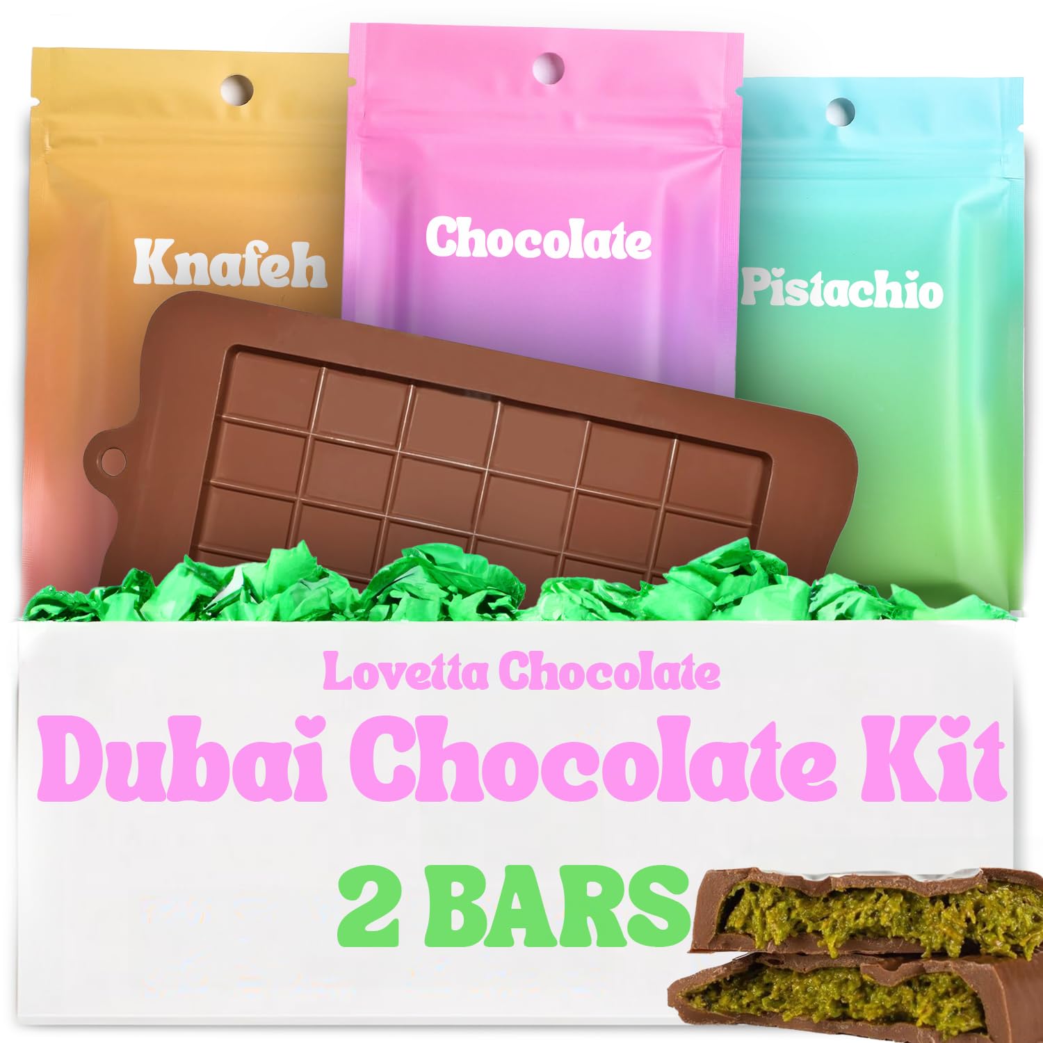 Lovetta Chocolate Viral Dubai Stuffed Chocolate Bar Kit – DIY Chocolate Making Set with Meltable Chocolate Wafers, Pistachio Cream, Kataifi, Mold & Instructions – Makes 2 Bars – Fun Decorated Gift Box
