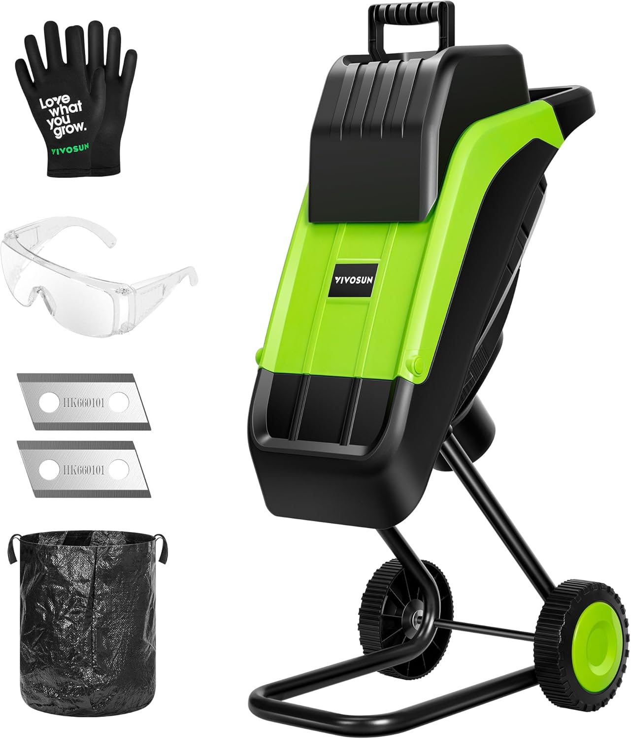 VIVOSUN 15-AMP Electric Wood Chipper and Shredder with Wheels and Safety Locking Knob, Equipped with Plunger, 50L Collection Bag, Additional Blades and Carbon Brushes, Gloves & Goggles, Green