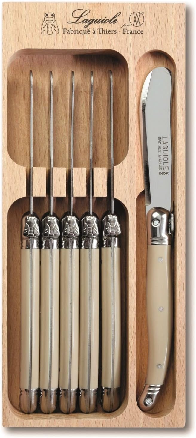 Laguiole Set of 6 Stainless Steel Butter Knives with Ivory Coloured Handle in Box