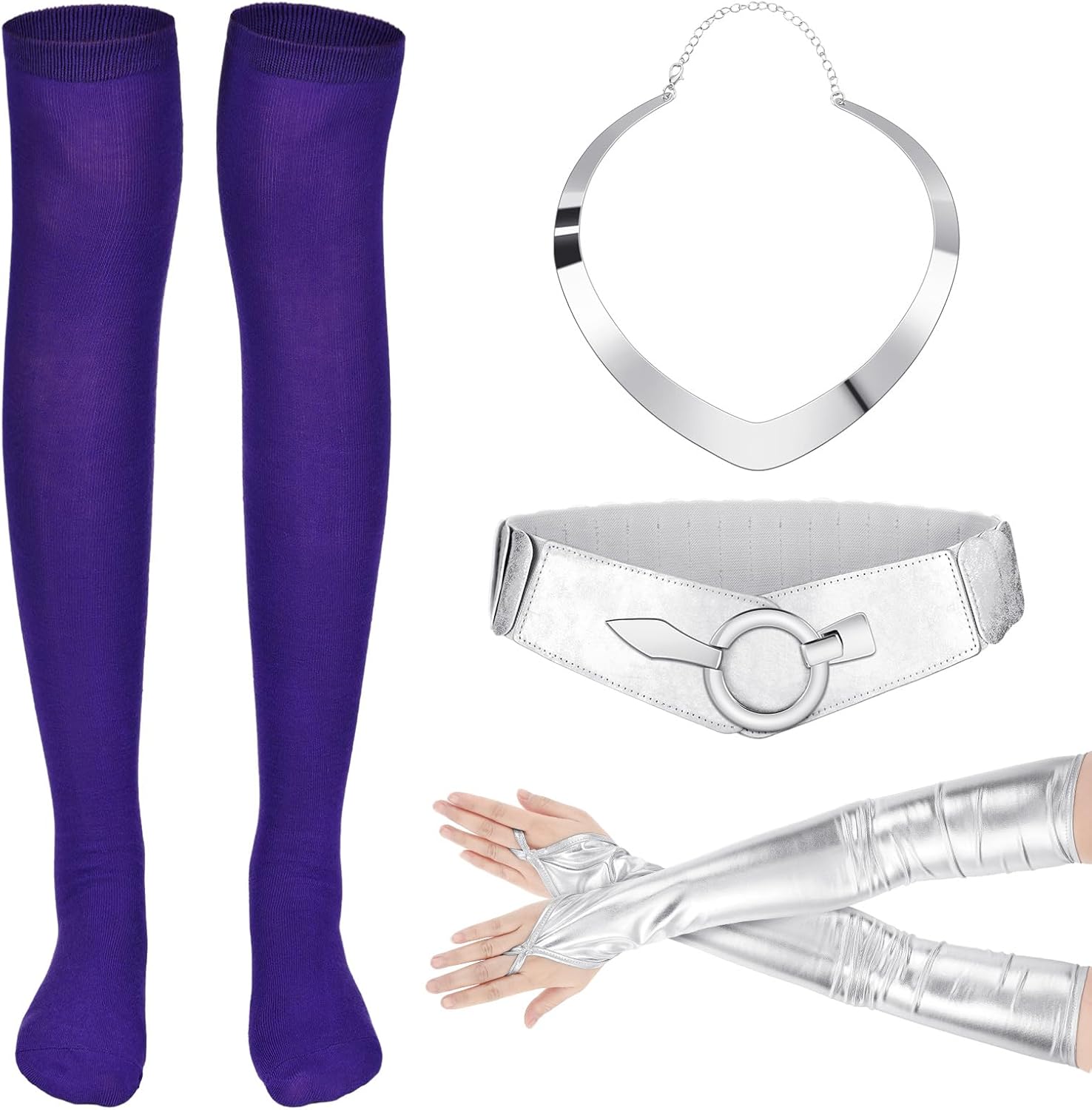 4 Pcs Halloween Costume Accessory, Elastic Waist Belt Necklace Choker Metallic Glove Thigh High Stockings