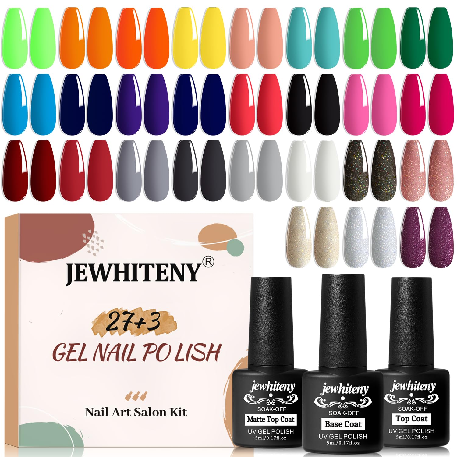 JEWHITENY 30pcs Gel Nail Polish Kit With 27 Colors + Matte Top Coat, Base Coat And Top Coat Polish Set For Manicure Nail Art Salon/Home Starter (Packaging May Vary)