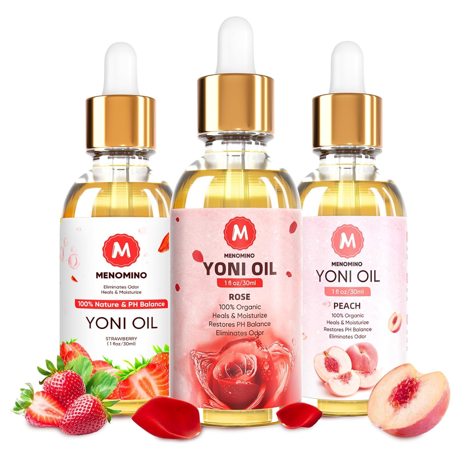 3 Pack Yoni Oil Organic Feminine Oil for Women pH Balance - Feminine Deodorant -Vaginal Moisturizer -Eliminates Odor with Natural Peach Rose Strawberry Essential Oil, 1 fl oz/pc