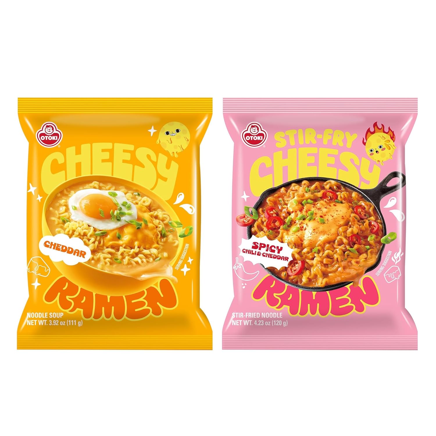 OTOKI Cheesy Ramen Variety Pack – Cheddar Flavor (Non-Spicy Soup Noodles) & Spicy Chili Cheddar (Stir-Fry Noodles), Korean Instant Ramen, 8 Pack (4+4 Mix with 2 Flavor)