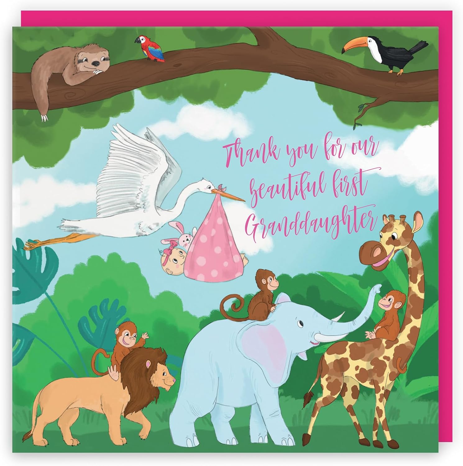 Hunts England - New Baby 1st Granddaughter Cute Thank You Card - Thank You For Our Beautiful First Granddaughter - Newborn - From Grandparents - Pink - Stork Holding New Baby - Jungle Collection