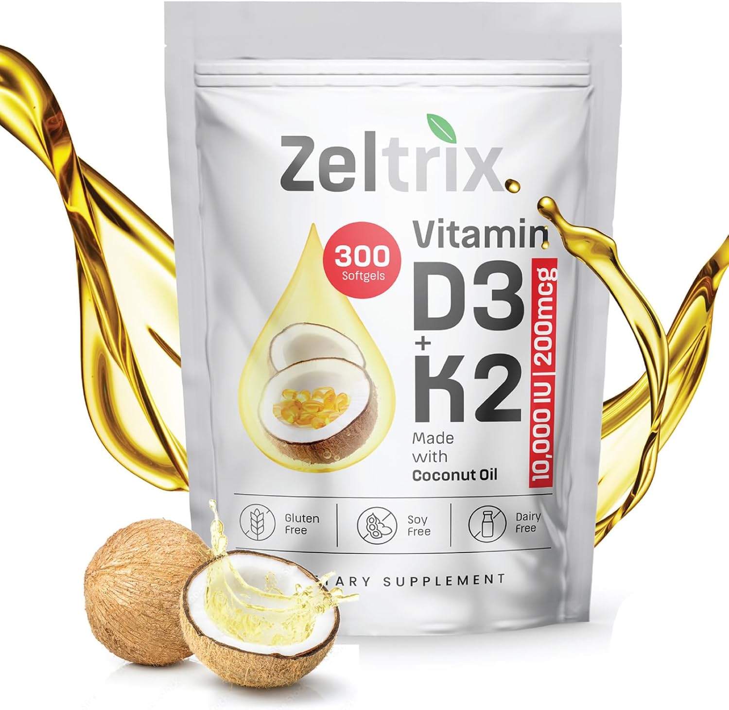 Vitamin D3 K2 10000 IU with MK-7 200 mcg – 300 Softgels – High Potency D3 K2 Supplement with Coconut Oil – Supports Bone, Heart, Immune & Teeth Health – Non-GMO, Gluten-Free, Easy to Swallow