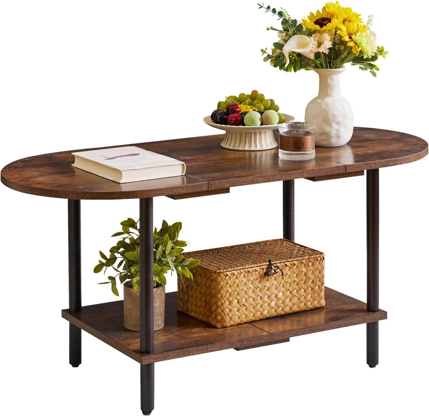 Aibiju Small Coffee Table, Living Room Table, Wooden Coffee Table with 2 Tier Storage Shelves for Living Room/Office, 35x16x17inch Rustic Brown+Black Legs, YD-011H