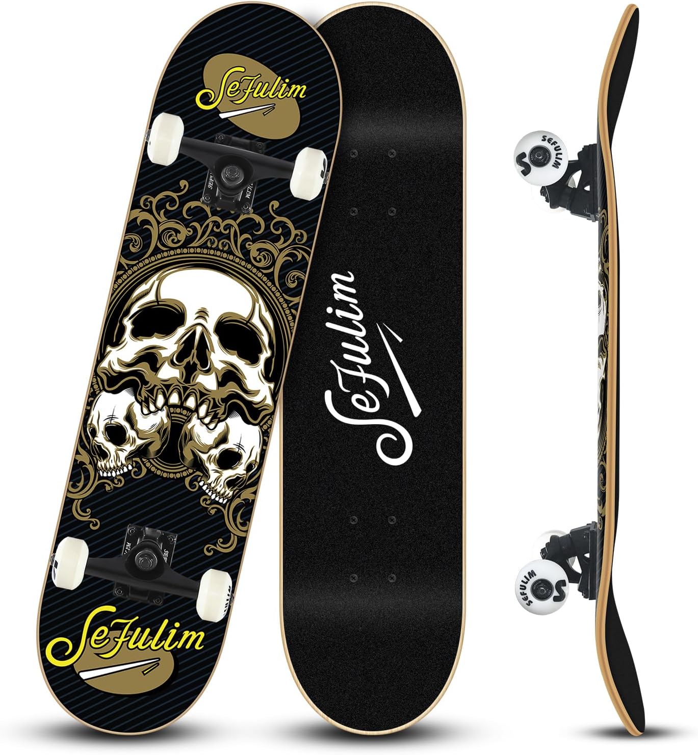 Sefulim 31 x 8 Inch Complete Skateboard 7 Layer Canadian Maple Double Kick Deck Concave Cruiser Trick Skateboard for Boys Girls Teens Adults Beginner