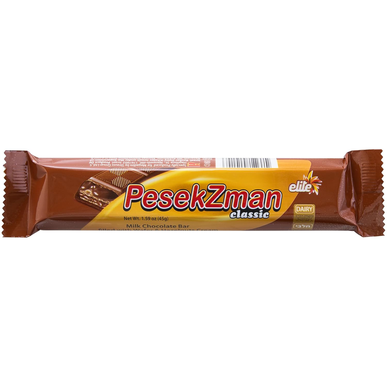 Elite Classic Pesek Zman Chocolate Bars, 15 Bars | Crispy Wafer & Hazelnut Cream, Milk Chocolate Coated, Product of Israel