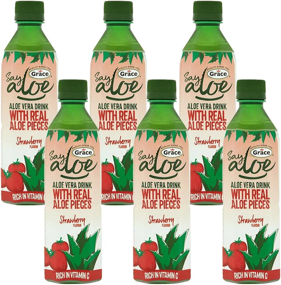 Grace Aloe Vera Strawberry Drink 500ml Pack of 6 Natural Berry Flavour Vitamin C Real Aloe Pieces Healthy Hydrating Juice Beverage with Welari Thank You Card | (6pack) (3000ml)