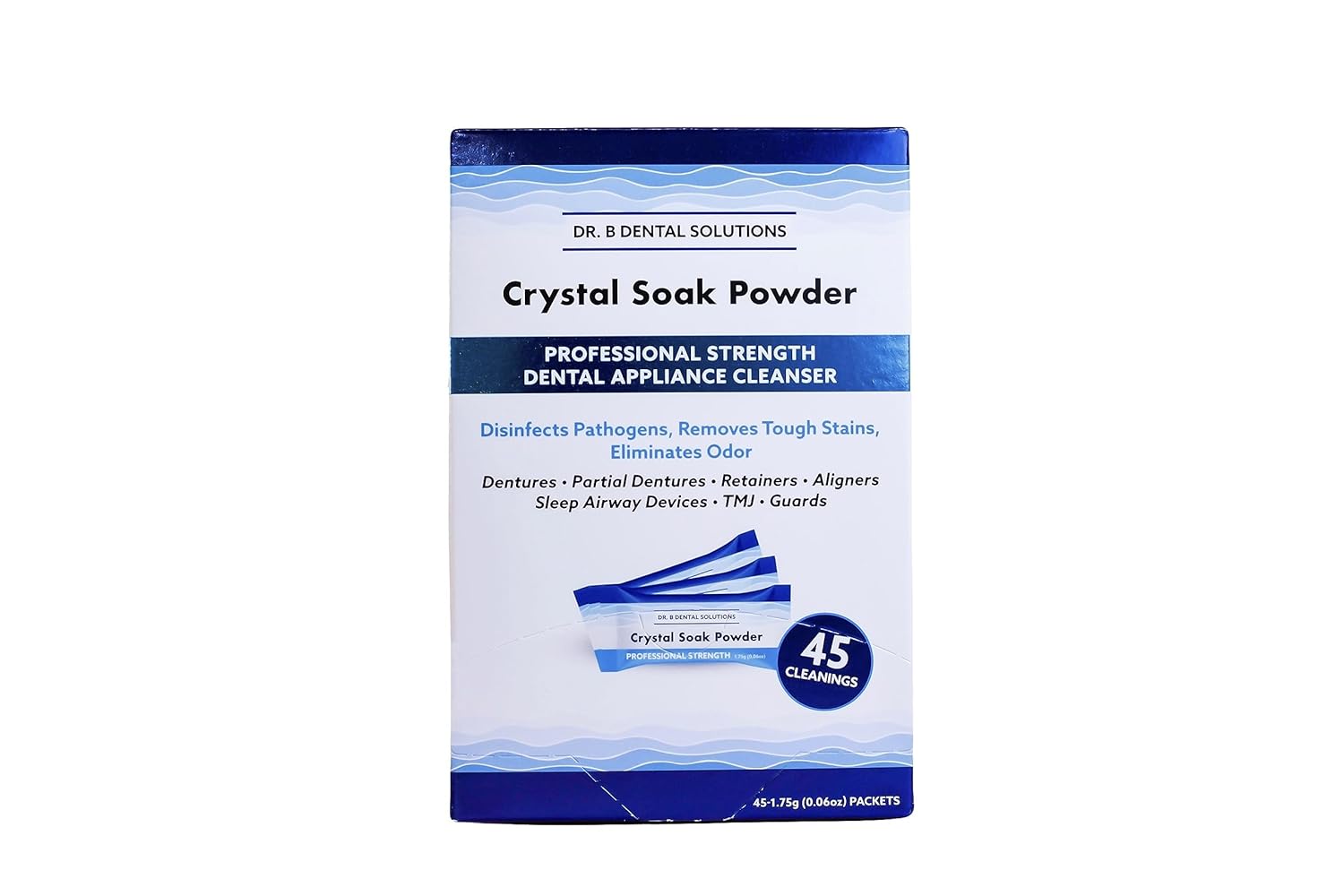 Dr. B Dental Solutions Powder Crystal Soak Cleanser, Ideal for Oral Appliances, Dentures, Night Guards, Retainers, Aligners, and Sleep Apnea Devices - 45 Packs Included (Single Pack)