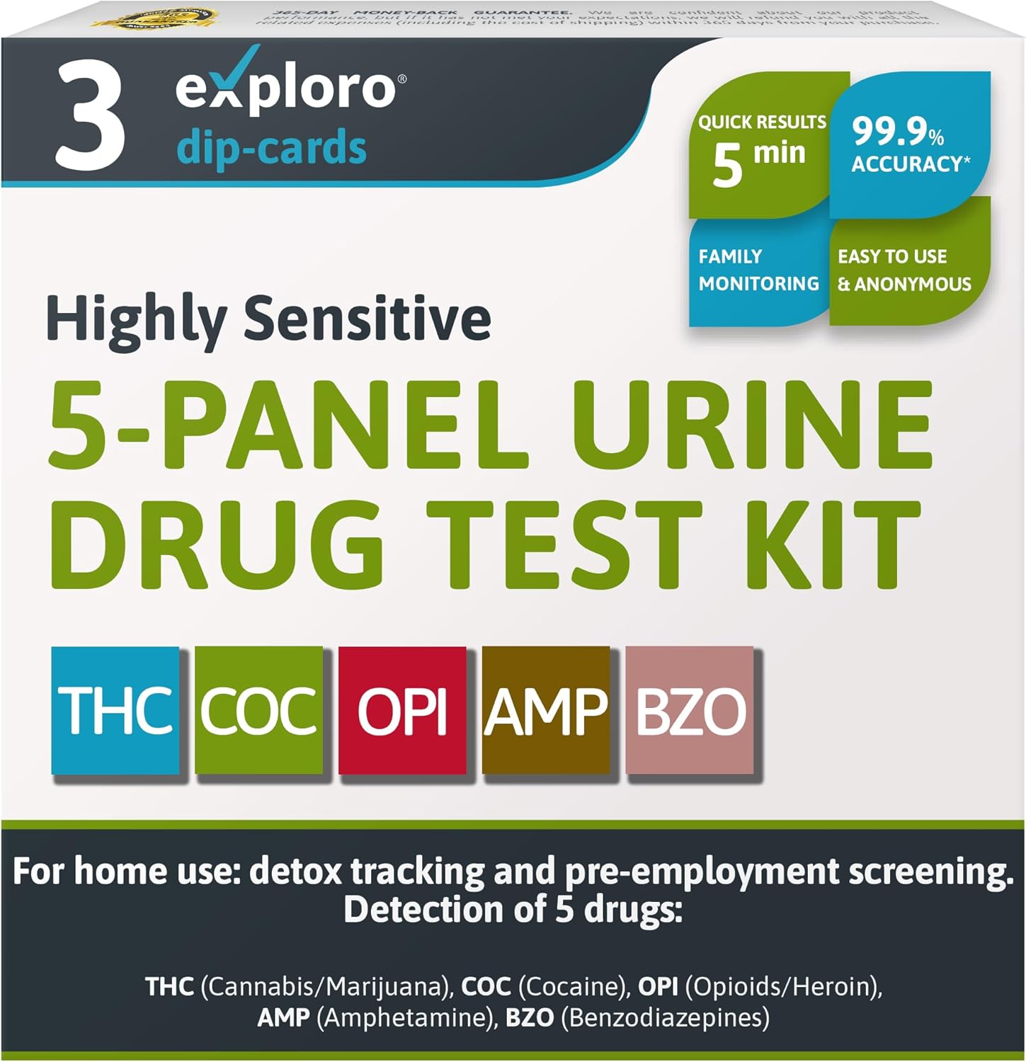 5 Panel Drug Test Urine, Drug Test Kit for Marijuana, Opioid, Cocaine, Amphetamine, Benzodiazepines, at Home Drug Test THC, BZO, AMP, COC, OPI (Pack of 3)