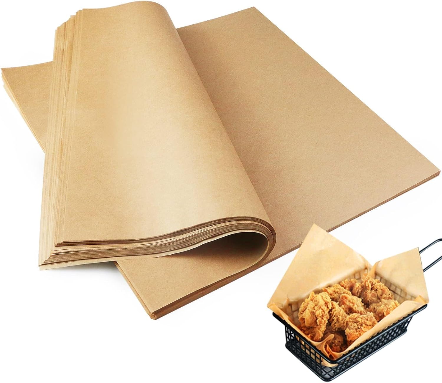 200 Sheets Greaseproof Deli Wax Paper Sheets (12"x12") - Pre-Cut Natural Kraft, Food Basket Liners & Sandwich Wrappers for BBQ, Picnic, Plastic Trays, Bread Packaging