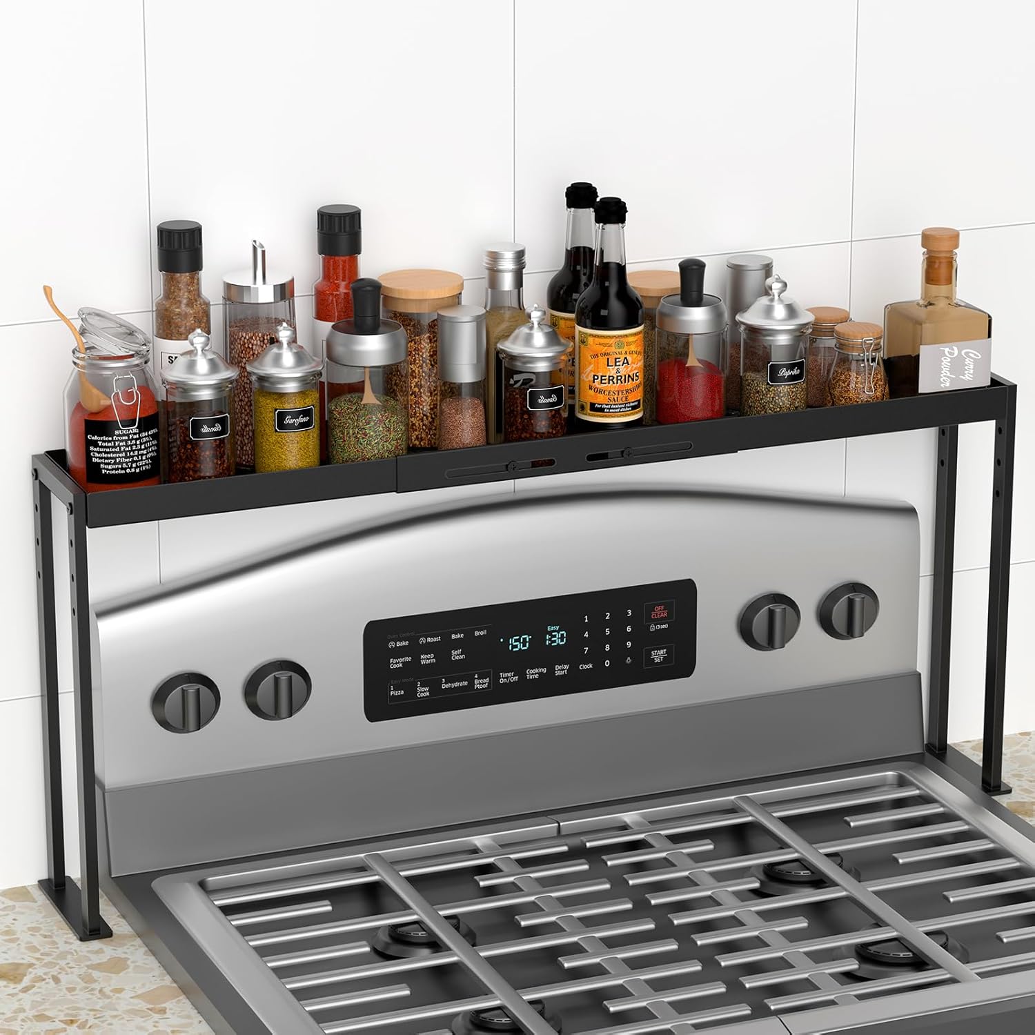 Spice Rack Shelf for Kitchen Stove, Adjustable 27 to 33 Inch Spice Rack Organizer Shelf, 4 Level Adjustable Height Spice Rack for Kitchen, Over the Stove Spice Shelf for Countertop, Black