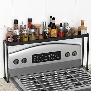 Spice Rack Shelf for Kitchen Stove, Adjustable 27 to 33 Inch Spice Rack Organizer Shelf, 4 Level Adjustable Height Spice Rack for Kitchen, Over the Stove Spice Shelf for Countertop, Black