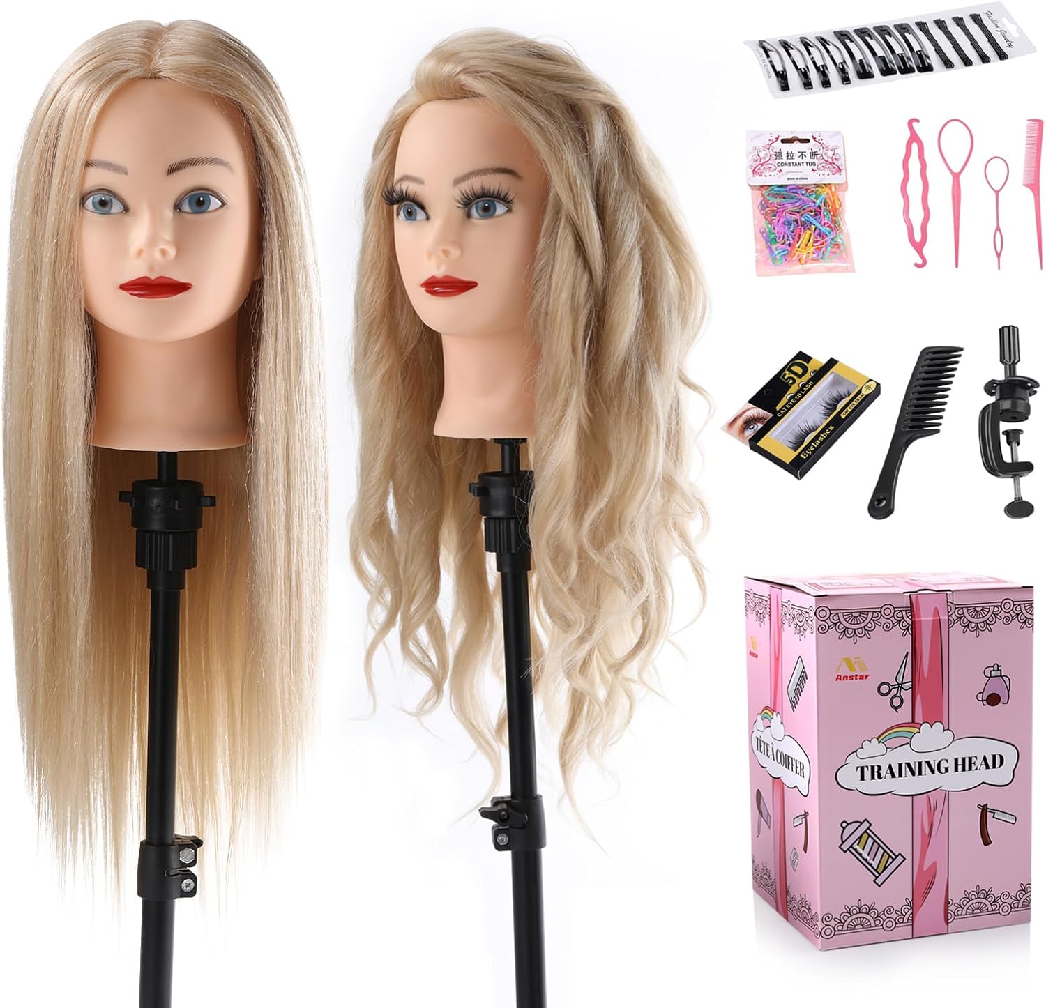 Hairdressing head 70% Real hair, Mannequin Head with Hair Doll Head for Hair Styling Cosmetology Training Styling Head Practice Head with table clamp + Hairdressing Tools Accessories Set
