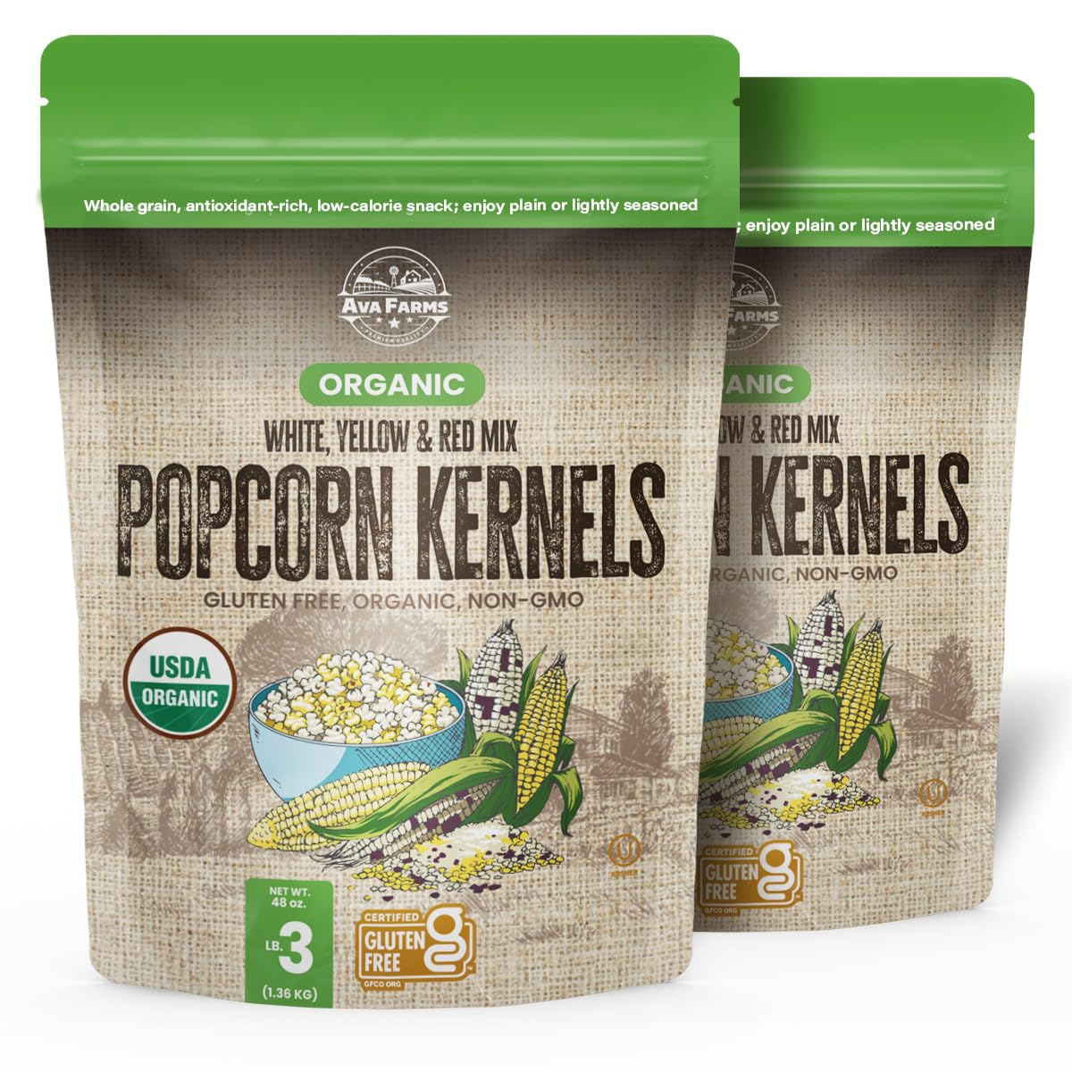 Ava Farms 2-Pack Organic Popcorn Kernels Mix, Red, Yellow, White – 3Lbs Bag Gluten-Free, Non GMO – Natural, Healthy, Kosher Popping Corn – UnPopped